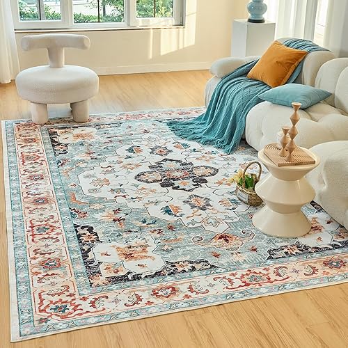 OIGAE Washable Rug 5x7, Vintage Medallion Area Rugs with Non-Slip Backing, Non-Shedding Floor Mat Throw Carpet for Living Room Bedroom Kitchen Laundry Home Office, Green