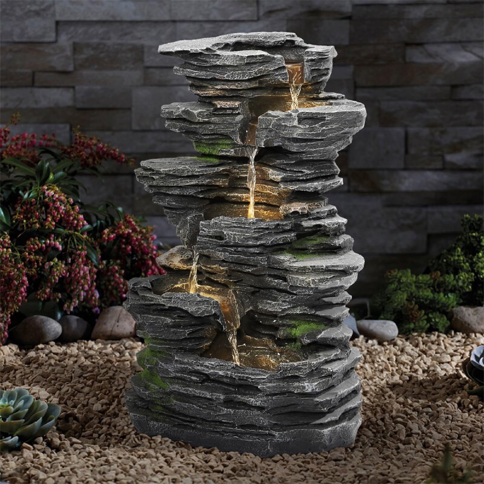 BTGGG Solar Brunnen für Draussen,Natürlicher kaskadierender Felsen Solar Springbrunnen für Außen mit LED-Beleuchtung,Groß Gartenbrunnen Solar Wasserspiel für Garten Terrasse und Balkon