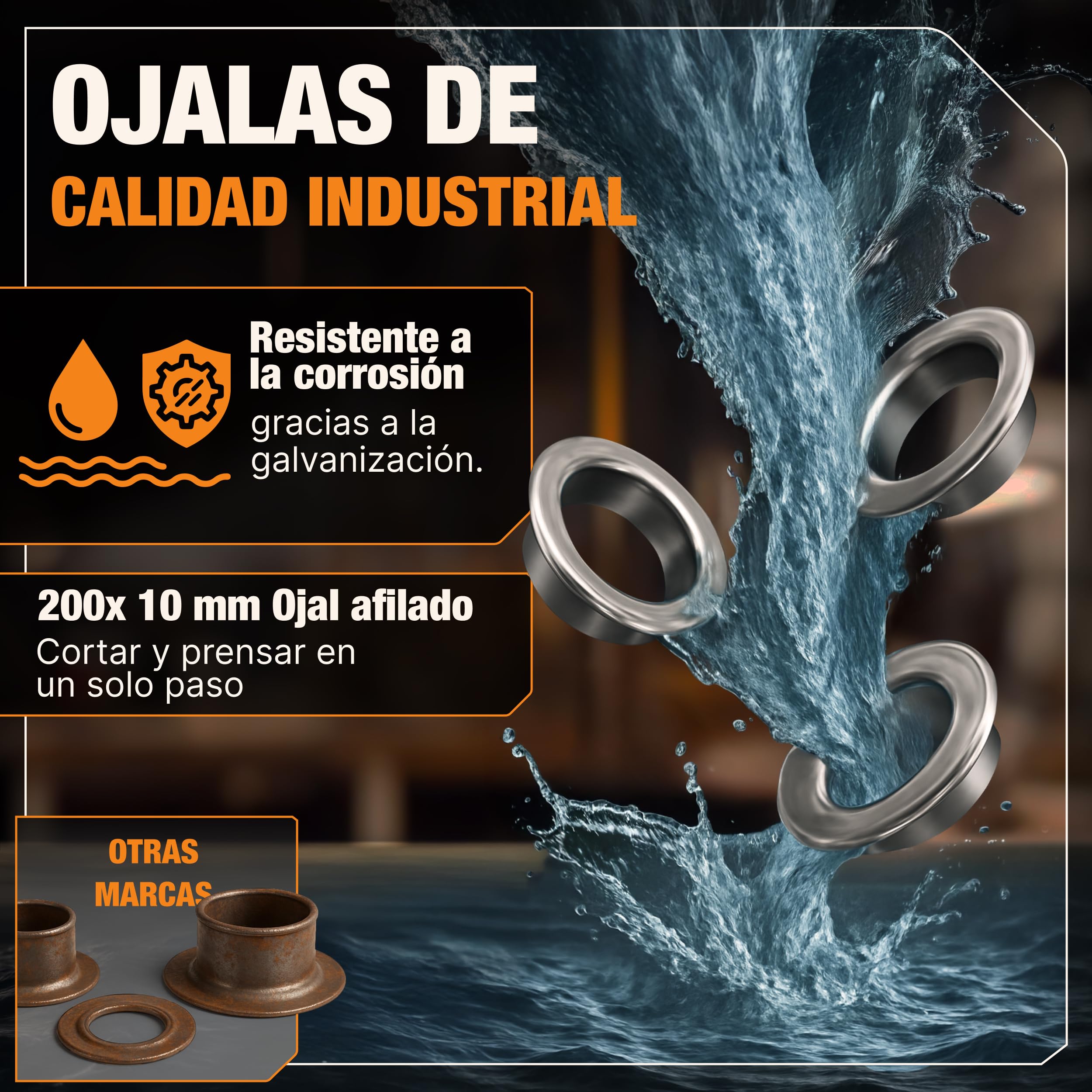 BAURIX® Alicate para Ojales con 200 Ojetes de Metal (Ø10mm) – Perforación Automática sin Troquelado Previo – para Lonas, Telas, Cuero y Textiles – ideal para Bricolaje y Costura - TALOS