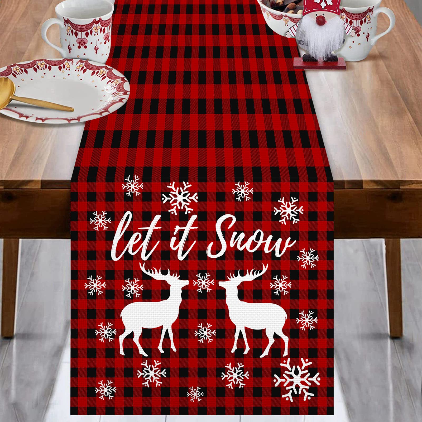 JOOCAR Christmas Table Runner 13x72 Inch, Table Runner for Red Christmas Buffalo Plaid Deer and Snowflake Tabletop Collection Winter Holiday Kitchen Dining Table Decoration for Home Party