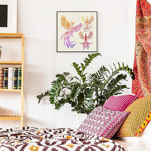 Miniatura 4 de FINGERINSPIRE Phoenix Stencils - Plantilla de dibujo reutilizable de pájaro de fuego de 11.8 x 11.8 pulgadas, plantilla de pintura con patrón de