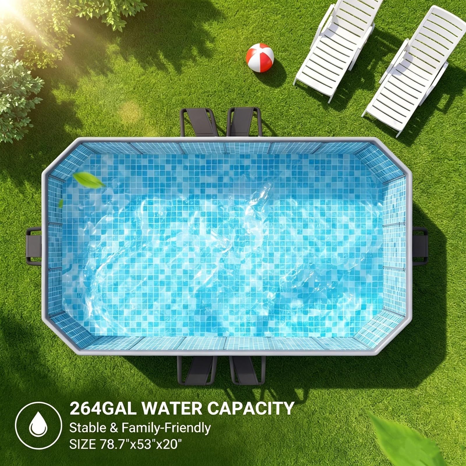 Piscina grande para perros grandes, tamaño exterior 200 x 135 x 50 cm, piscina plegable de lado duro con marco de acero, piscina no inflable para mascotas, fácil drenaje, puerto de filtro, gris