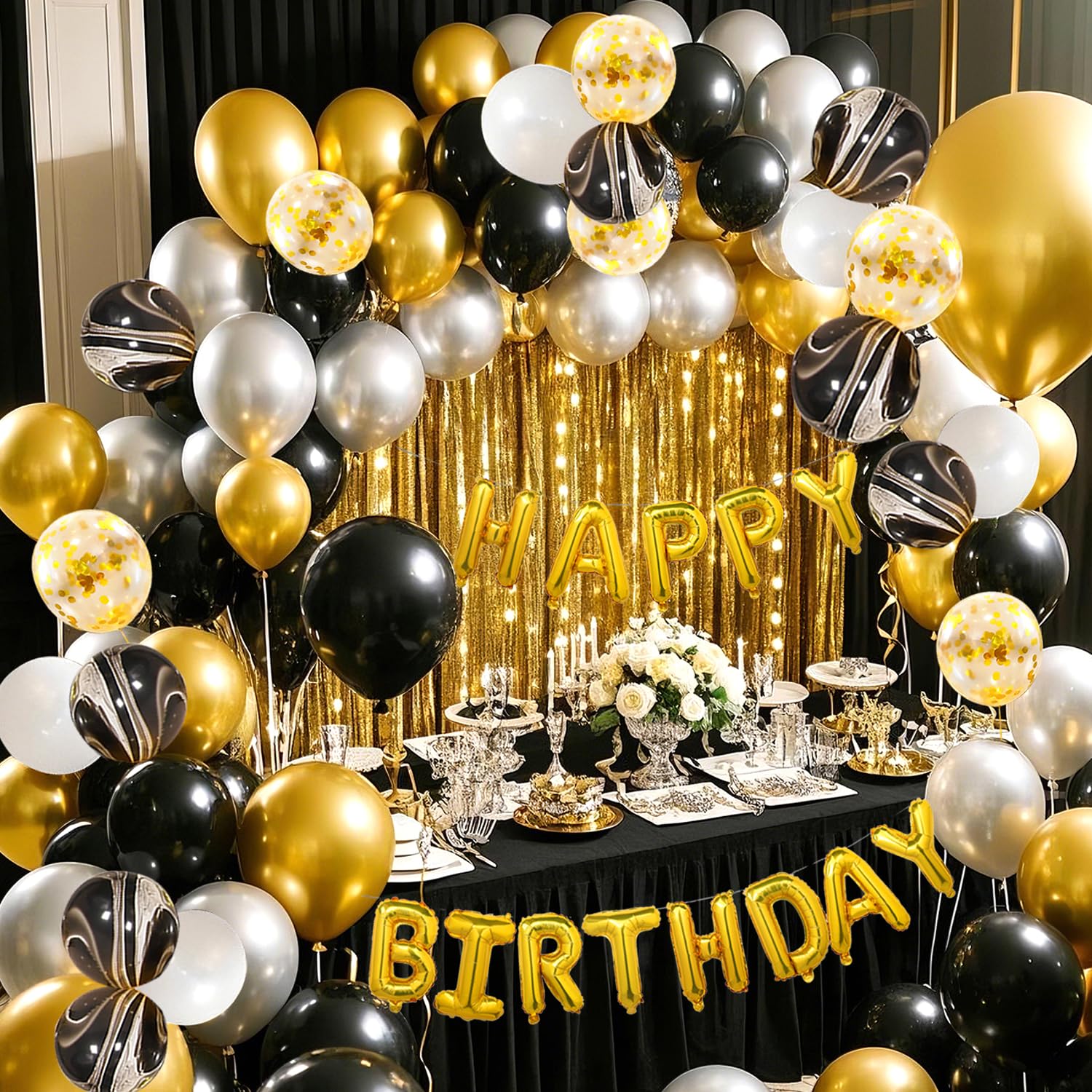 YinQin 118 PCS Black Gold Happy Birthday Party Balloon Set with Filling Pump Foil Fringe Curtains Metallic Gold Foil Balloon Black Golden Happy Birthday Party Balloon Supplies Decoration for Men Women