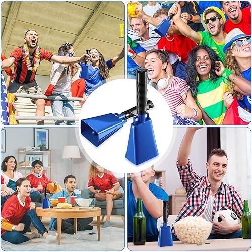 Miniatura 6 de Paquete de 6 campanas de vaca azules con asas, campana de animación para eventos deportivos, juegos de fútbol, escuela sólida grande, instrumentos