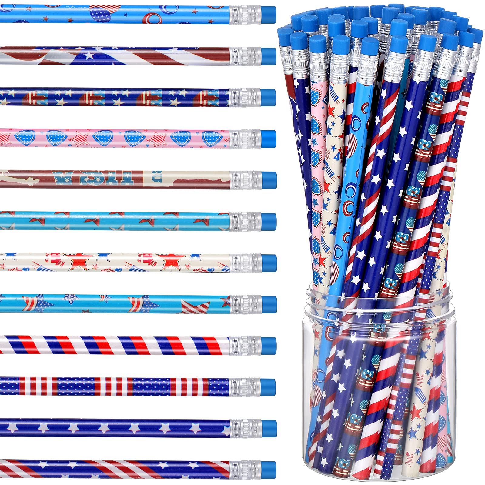 Outus 60 Pcs 4th of July Patriotic Pencil American Flag Pencils with Erasers USA Patriotic School Office Stationery for Independence Day Gift Prize