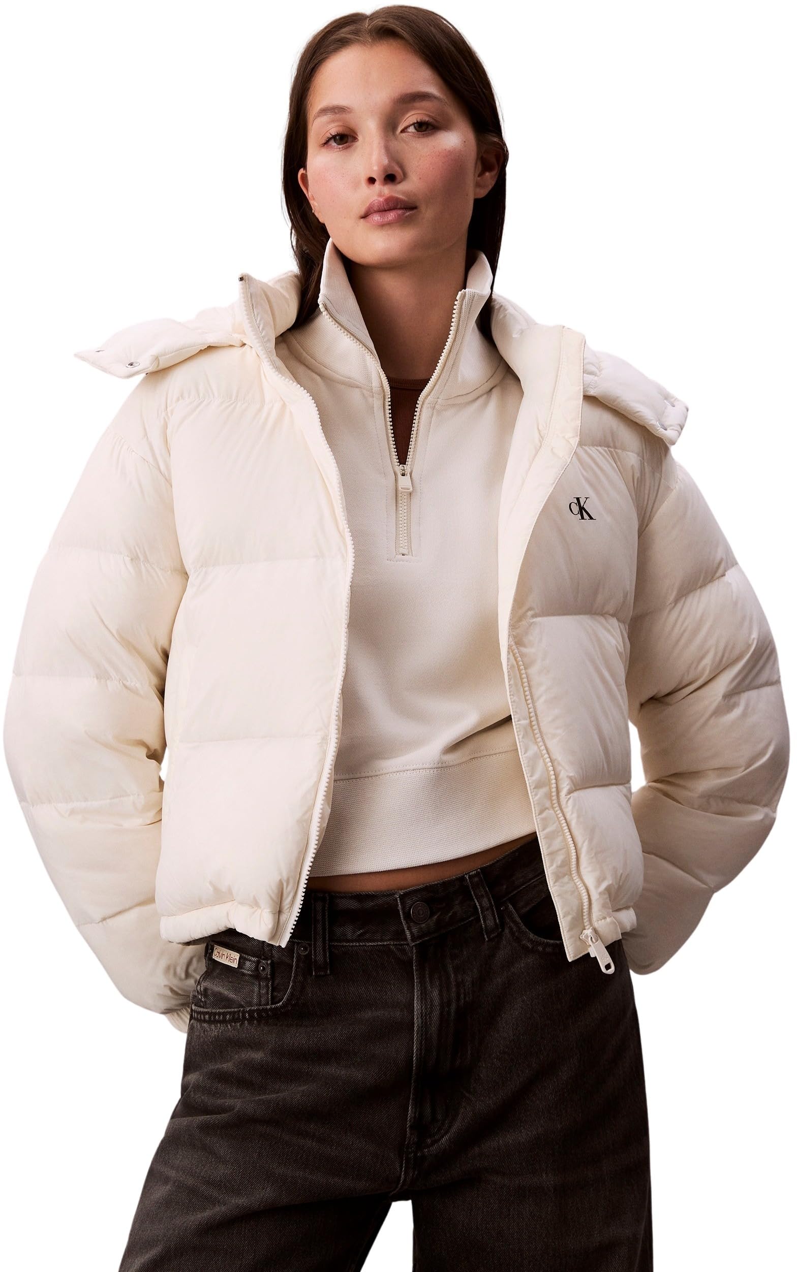 Calvin Klein Women’s Essential Mid Weight Puffer Jacket with Hood, Off-White (Jet Stream), L