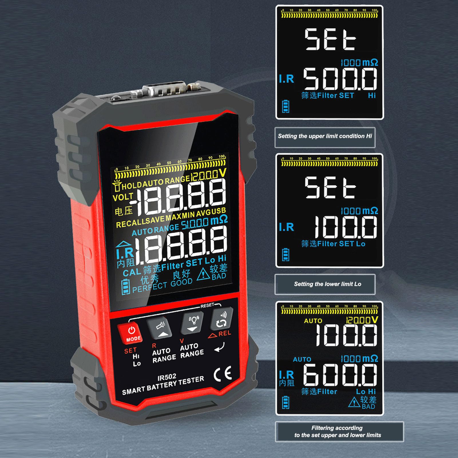 Domary Analyseur de Batterie Automatique, Testeur de Résistance Interne Multifonctionnel pour Voiture et Petites Batteries, écran rétroéclairé 3.2 Pouces