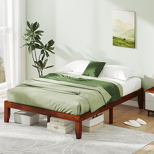 Miniatura 2 de KOMFOTT Base de cama de plataforma de madera de 14 pulgadas, tamaño Queen, base de colchón de madera maciza con marco de madera de goma, soporte de