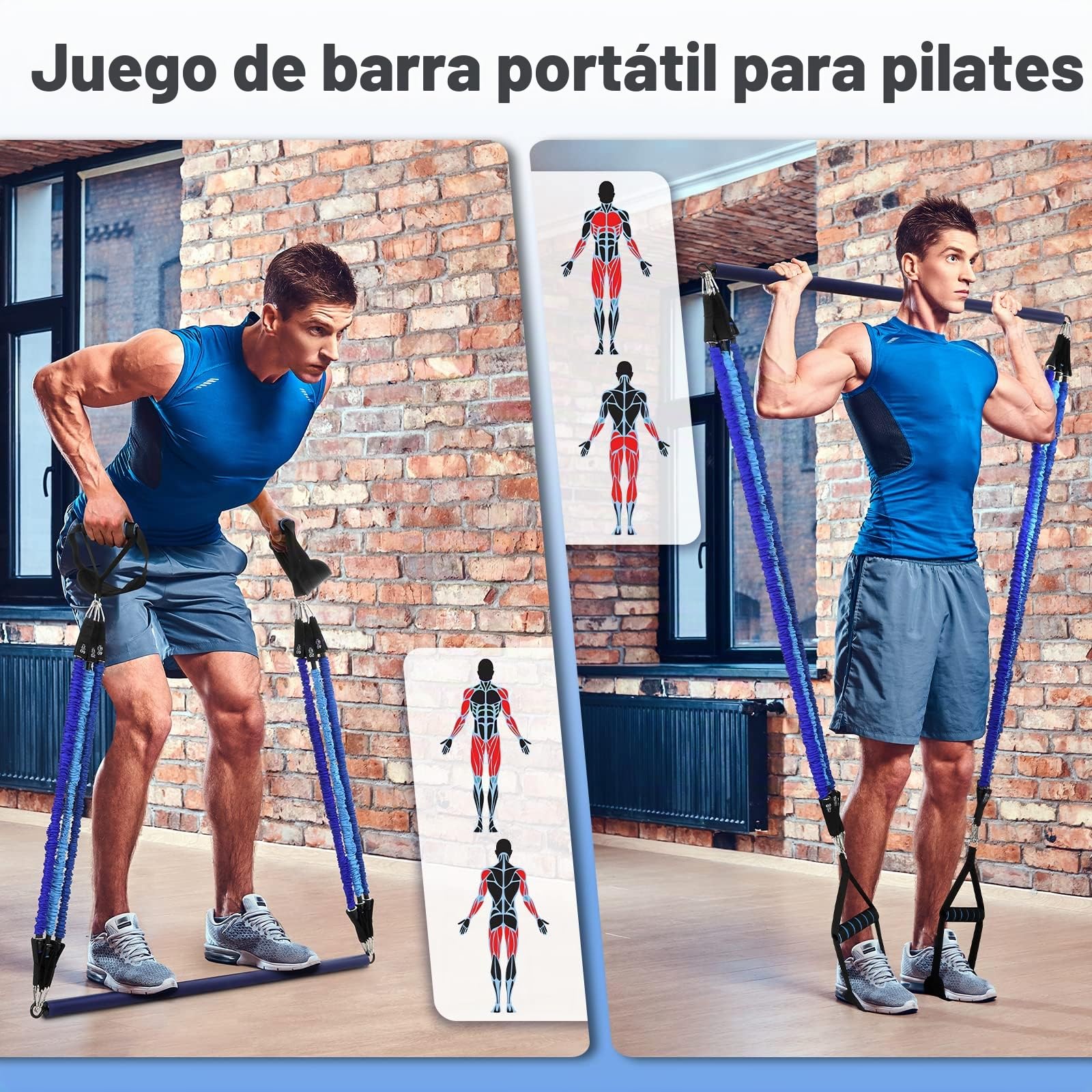 Barra de Pilates, ALongSong Barra Pilates Hecha de Hierro, 6 Gomas Elasticas Musculacion de Tubo de Látex Natural(20-240lbs), Pilates Bar con Dos Longitud para Hmobre, Ideal para Fitness, Musculacion