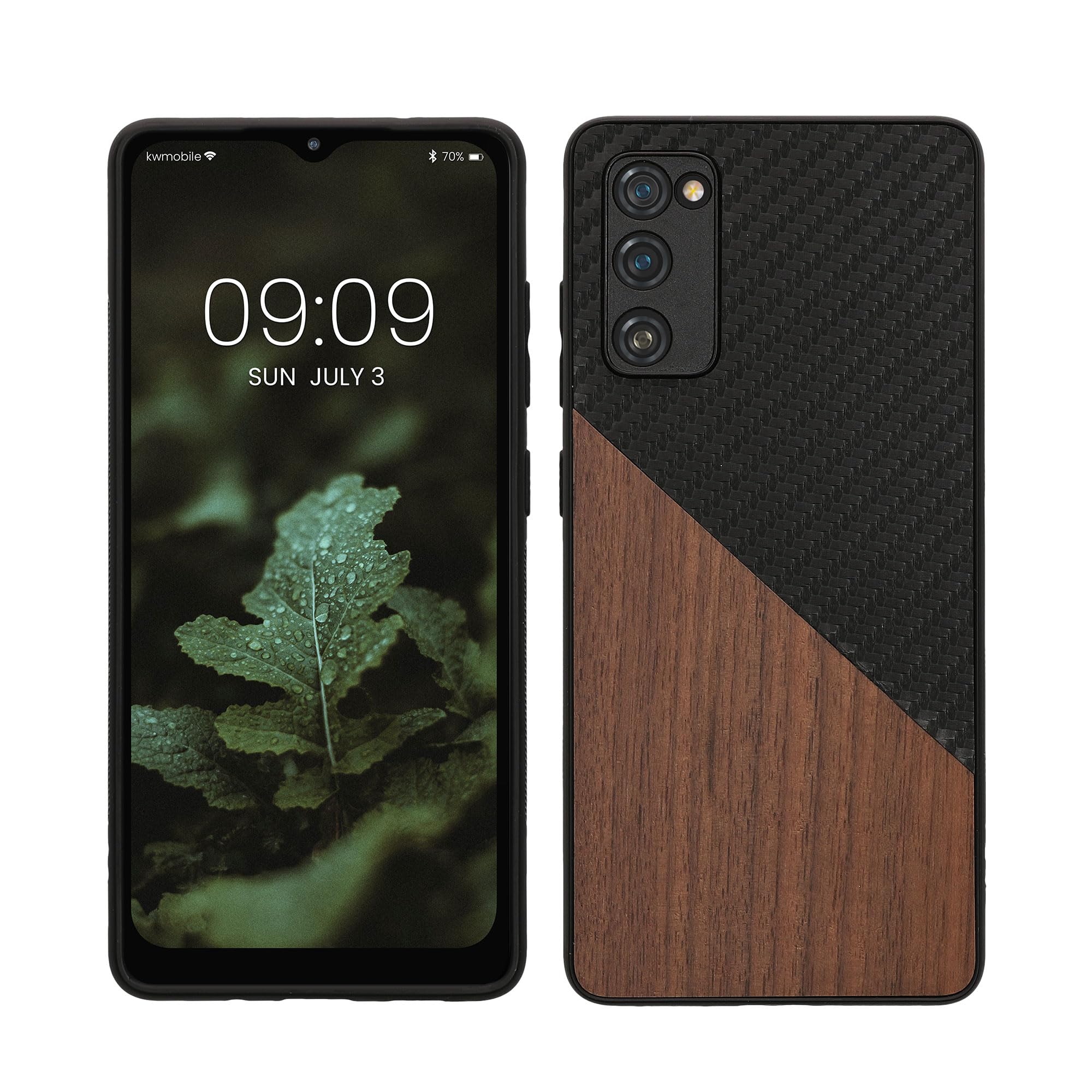 kwmobile Case Compatible with Samsung Galaxy S20 FE - Hard Phone Cover with TPU Bumper and Wood/Carbon Back - Dark Brown/Black