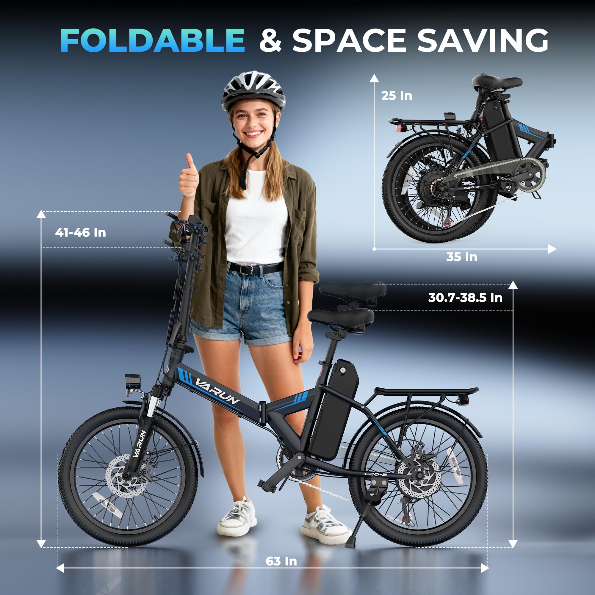 VARUN Electric Bike - Peak 750W Folding Ebike for Adults Up to 40 Miles 20MPH, 48V Removable Lithium-Battery, Stylish 20" Foldable Electric Bicycle Commuter for Women & Men