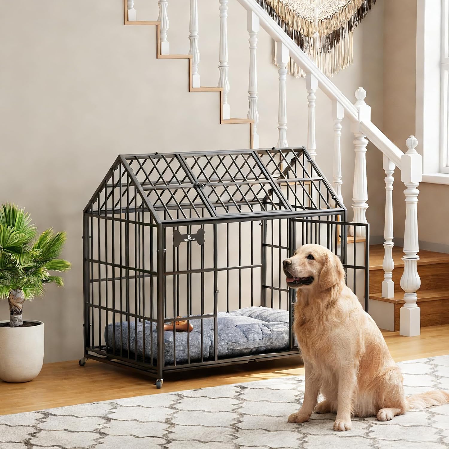 Dosker Heavy Duty Dog Crate 42 Inch,XL Large/Medium Pet Dog Cage Kennel Indoor,Steel Escape Proof Cage with Roof Top 2 Doors Removable Trays,Lockable Wheels