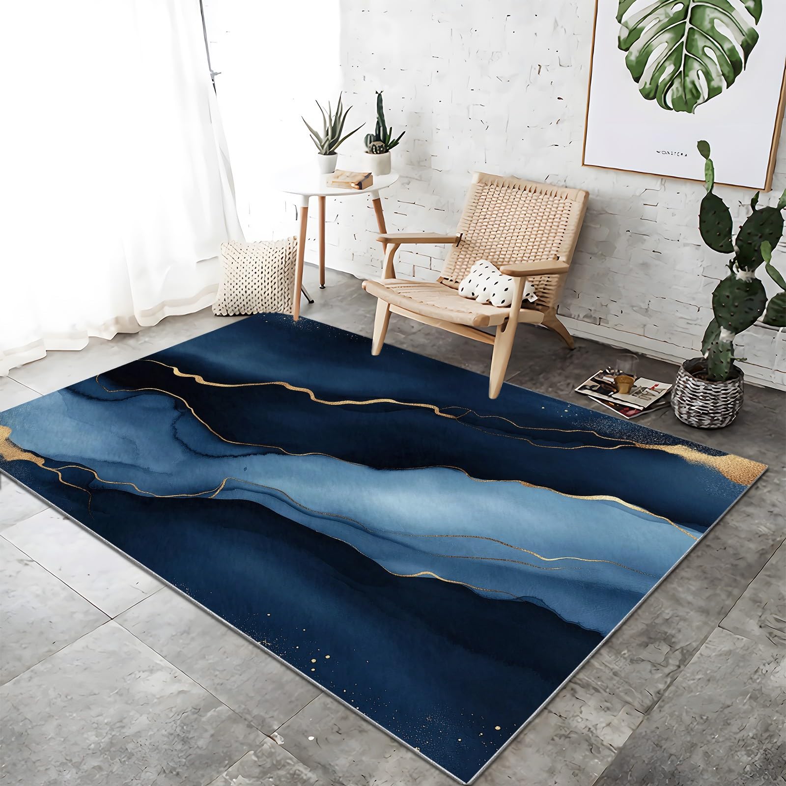 Zmywalny dywan 120 cm x 180 cm akwarelowy ciemnoniebieski i złoty marmur – antypoślizgowy dywan ze sztucznej wełny z krótkim włosiem, miękkie dywaniki do salonu, sypialni, jadalni, dywan do dekoracji