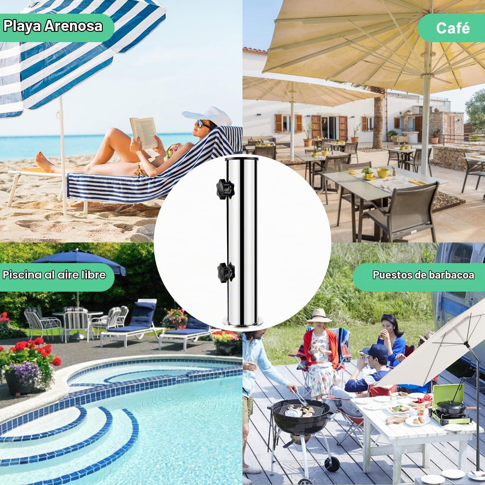 efuturetime Accesorios Soporte Sombrilla para Suelo Ø50mm de Acero Inoxidable, Parasol Base Tubepara sombrilla de Exterior con 2 Anillos Reductores de PVC (Ø32mm/40mm)