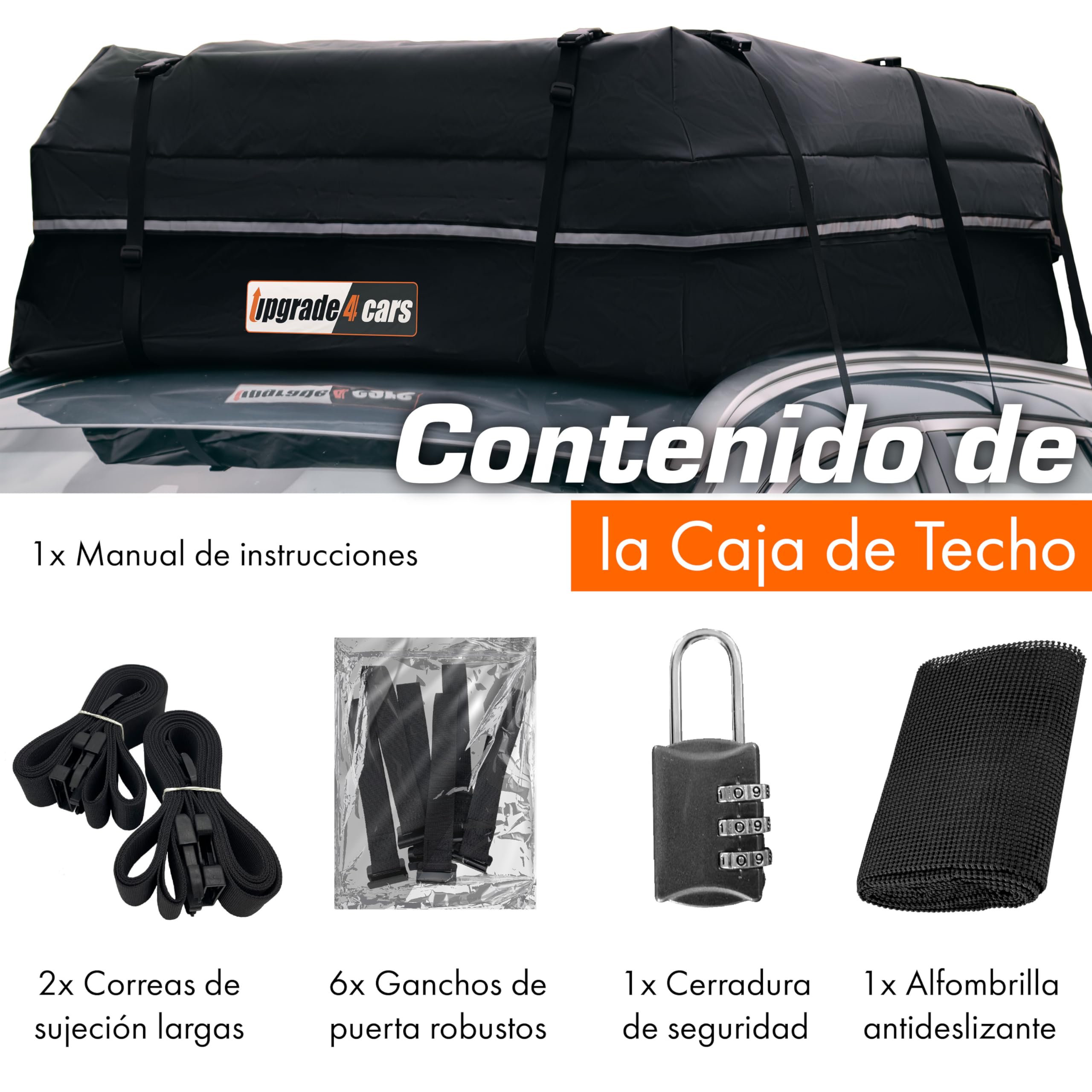 Upgrade4cars Bolsa de Techo para Coche 566L | Portaequipajes sin Barra Incluye Todos los Accesorios | Cofre Universal Plegable e Impermeable 130 x 110 x 40 cm