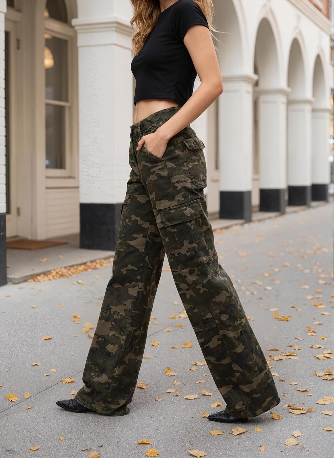 Women's Tactical Camo Cargo Baggy Pants High Waist Camouflage Print Stretchy Wide Leg Pants with 4 Pockets - Image 4