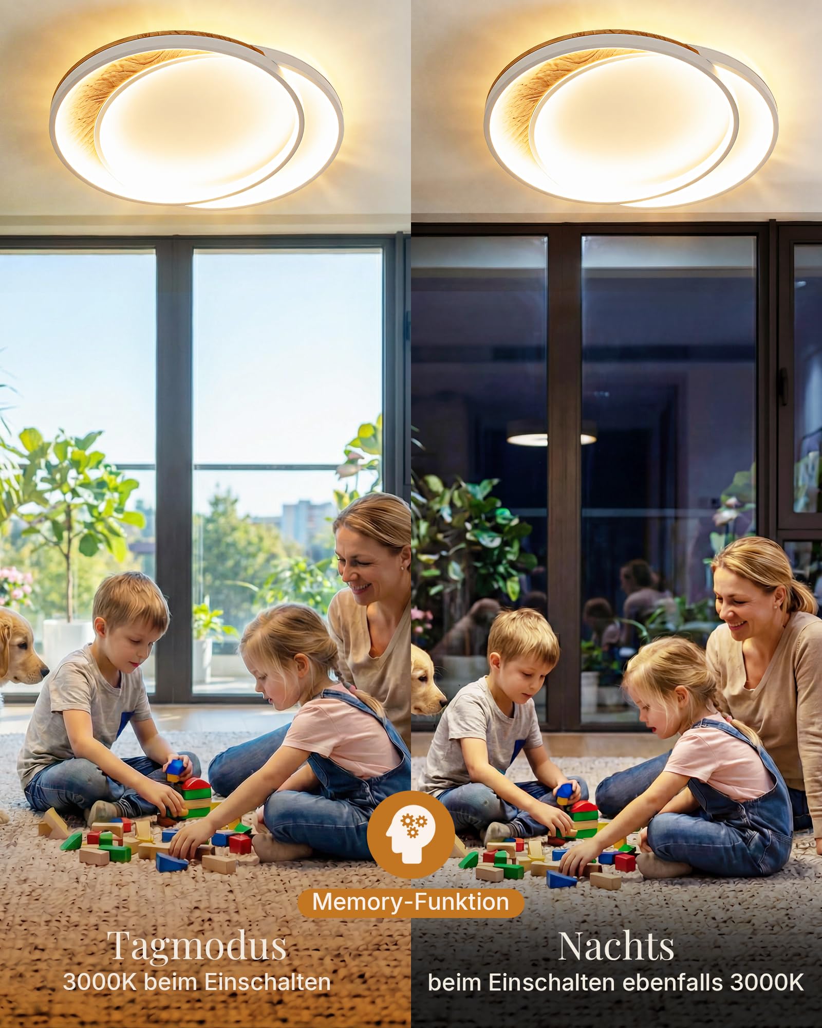 Deckenlampe Wohnzimmer LED Deckenleuchte Massivholz 36 cm, 2 Ringe, 32W, dimmbar Fernbedienung, Nachtlicht & Memory-Funktion, Moderne Deckenbeleuchtung für Schlafzimmer, Küche, Flur, Esszimmer, Büro
