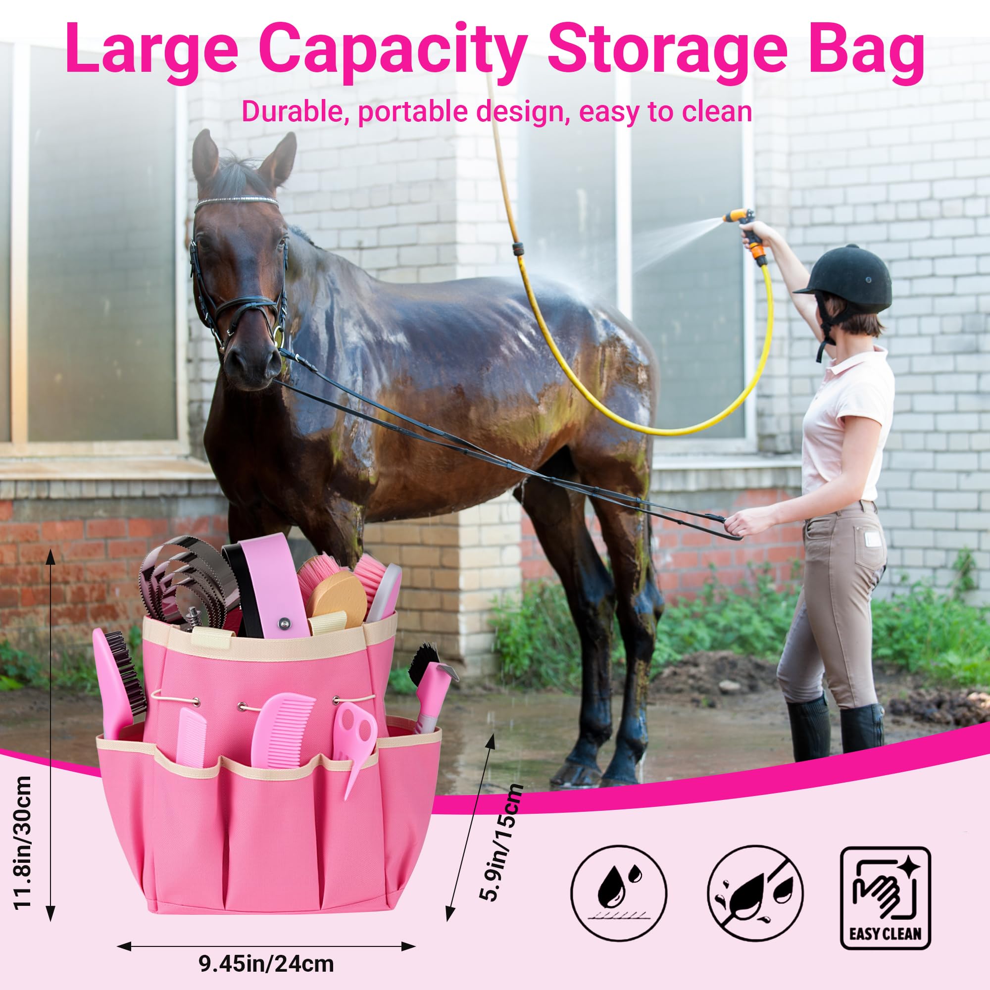 Kit de aseo de caballos, 14 en 1, juego de cepillos profesionales para aseo y cuidado, con cepillos de caballo, peine de curry, púa de pezuñas y bolsa de almacenamiento impermeable para brillar