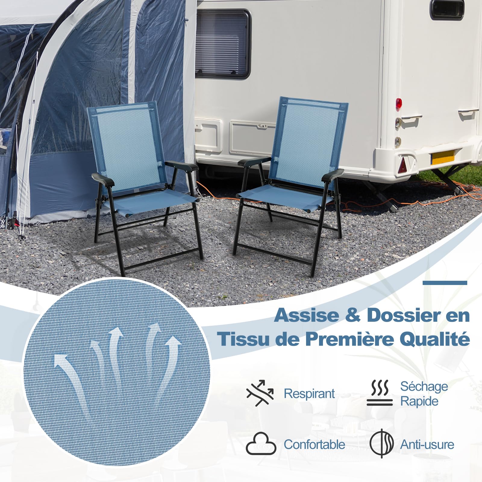 GOPLUS Lot de 2 Chaises de Jardin Exterieur Pliante avec Accoudoirs, Tissu Respirant & Cadre Métallique, Fauteuil de Jardin Léger et Portatives, Idéal pour Patio, Terrasse (2, Bleu, 65 x 60 x 93 cm)