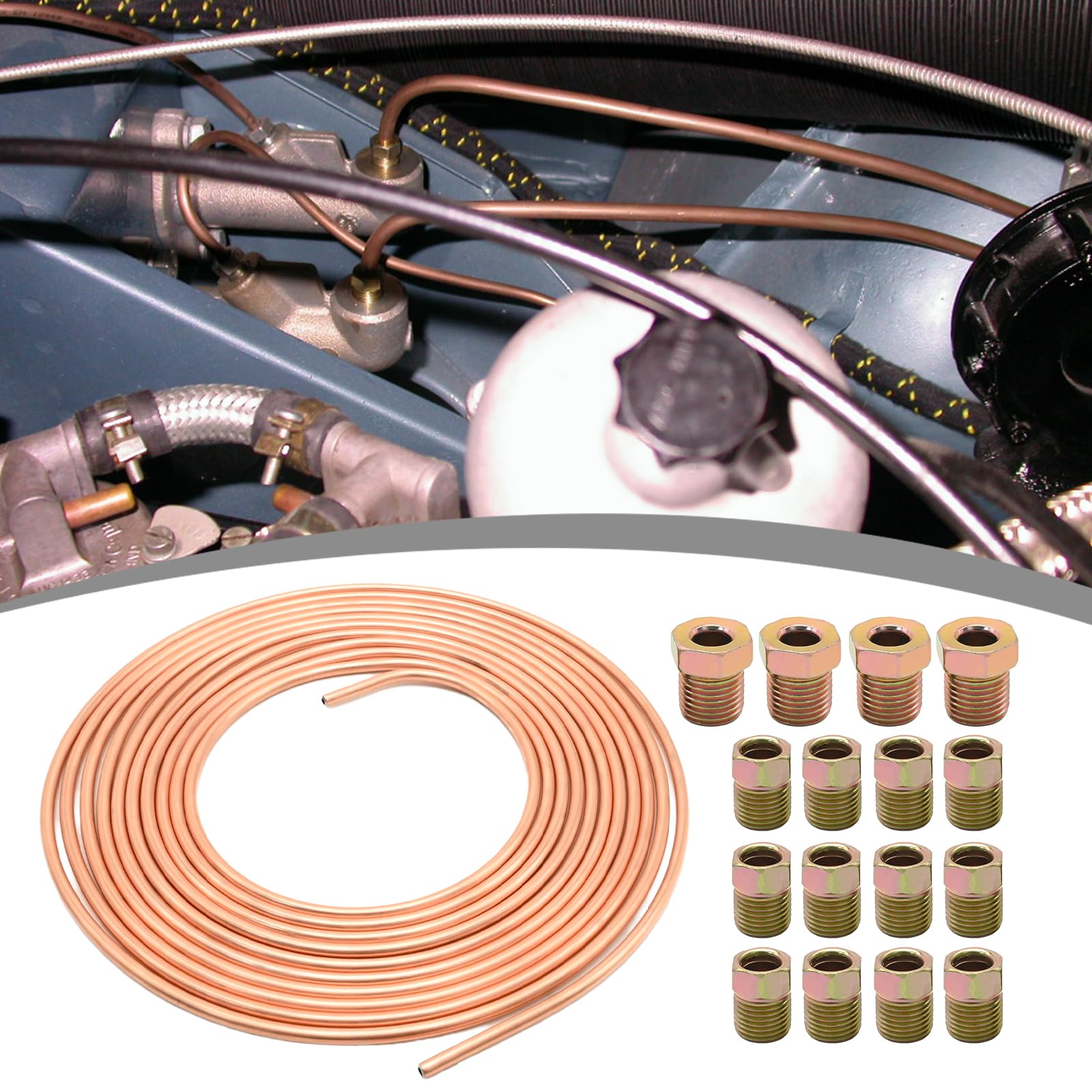 Hoypeyfiy Cavo freno in rame per auto, 6,35 mm, 1/4", con rivestimento in rame, tubo del freno, tubo del freno, tubo di ricambio auto, lunghezza 7,6 m con 16 dadi