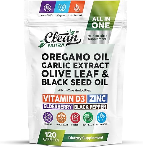 Suplemento Clean Nutra HerbaPlex, aceite de orégano, extracto de ajo, hoja de olivo, aceite de semilla negra, vitamina D3, zinc, saúco, 120 cápsulas