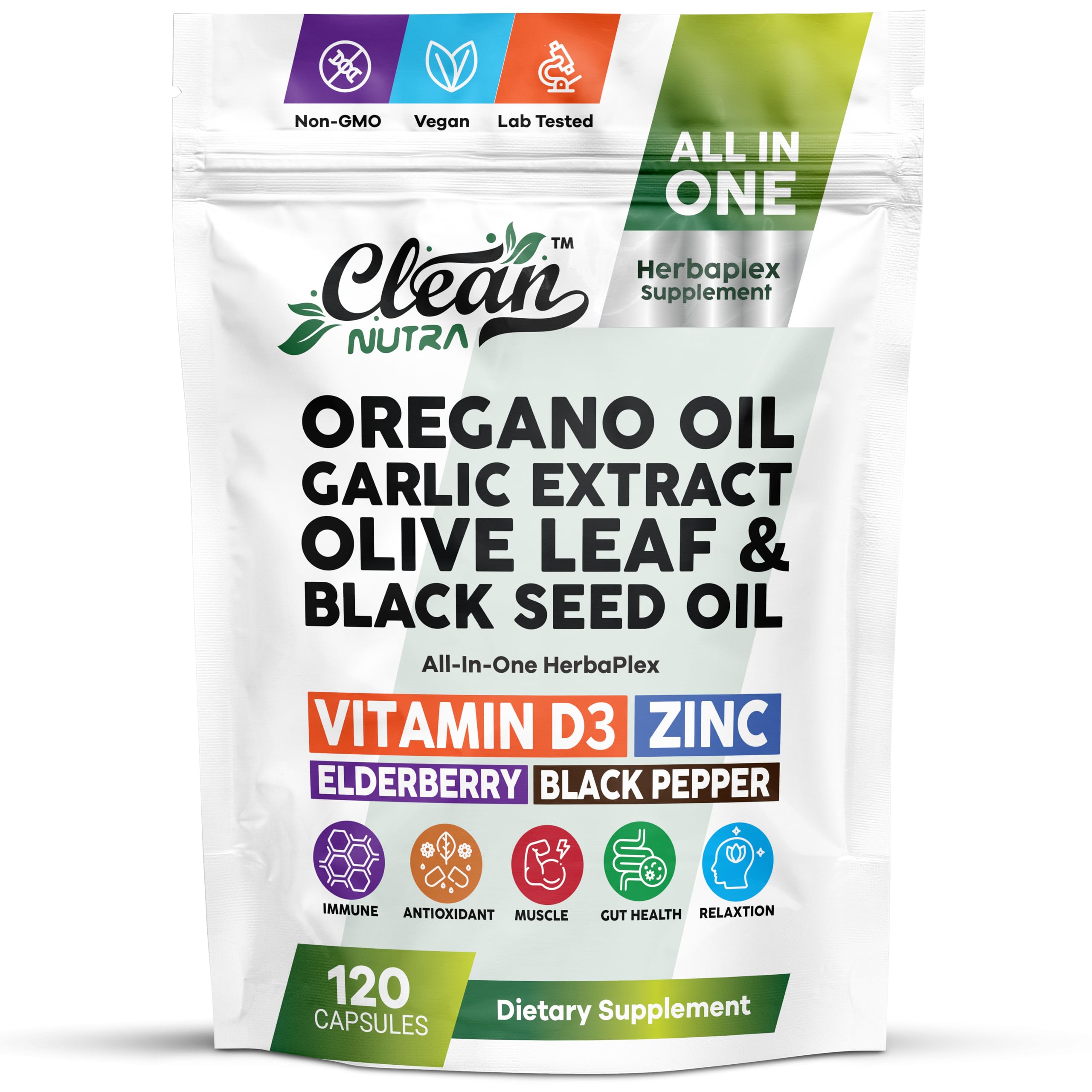 Herbaplex Immune Support Supplement Vitamin D Zinc Gluconate Oregano Oil Extract Black Cumin Garlic Olive Leaf Extract Elderberry Black Pepper 120 Immunity Blend Capsules By Clean Nutra 120 Count (Pack of 1)