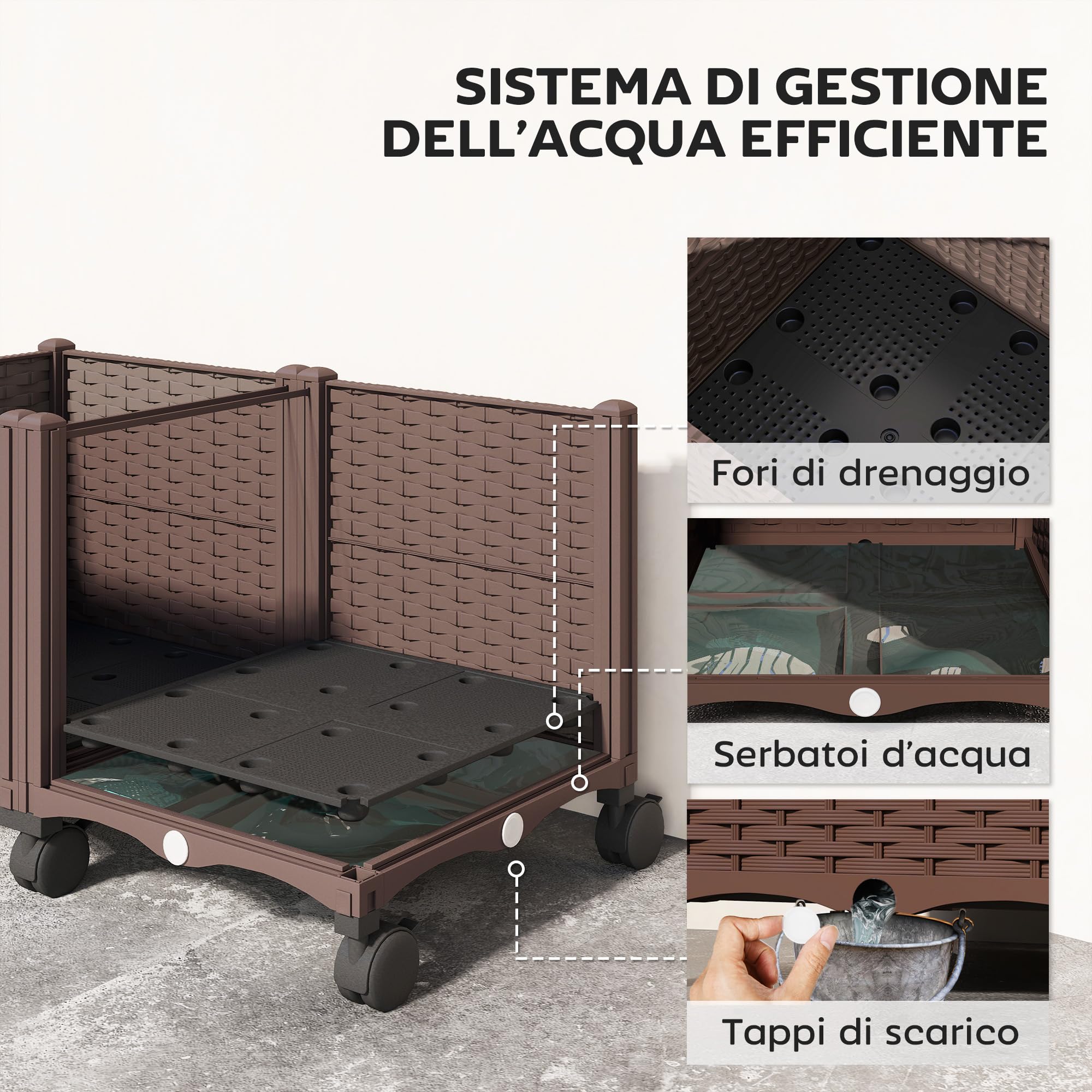 Outsunny Fioriera Rialzata in Plastica 85L, Letto per Orto Rialzato da Esterno con Ruote Bloccabili, Sistema di Autoirrigazione, Fori di Drenaggio, per Piante Rampicanti, Verdure e Fiori, Marrone