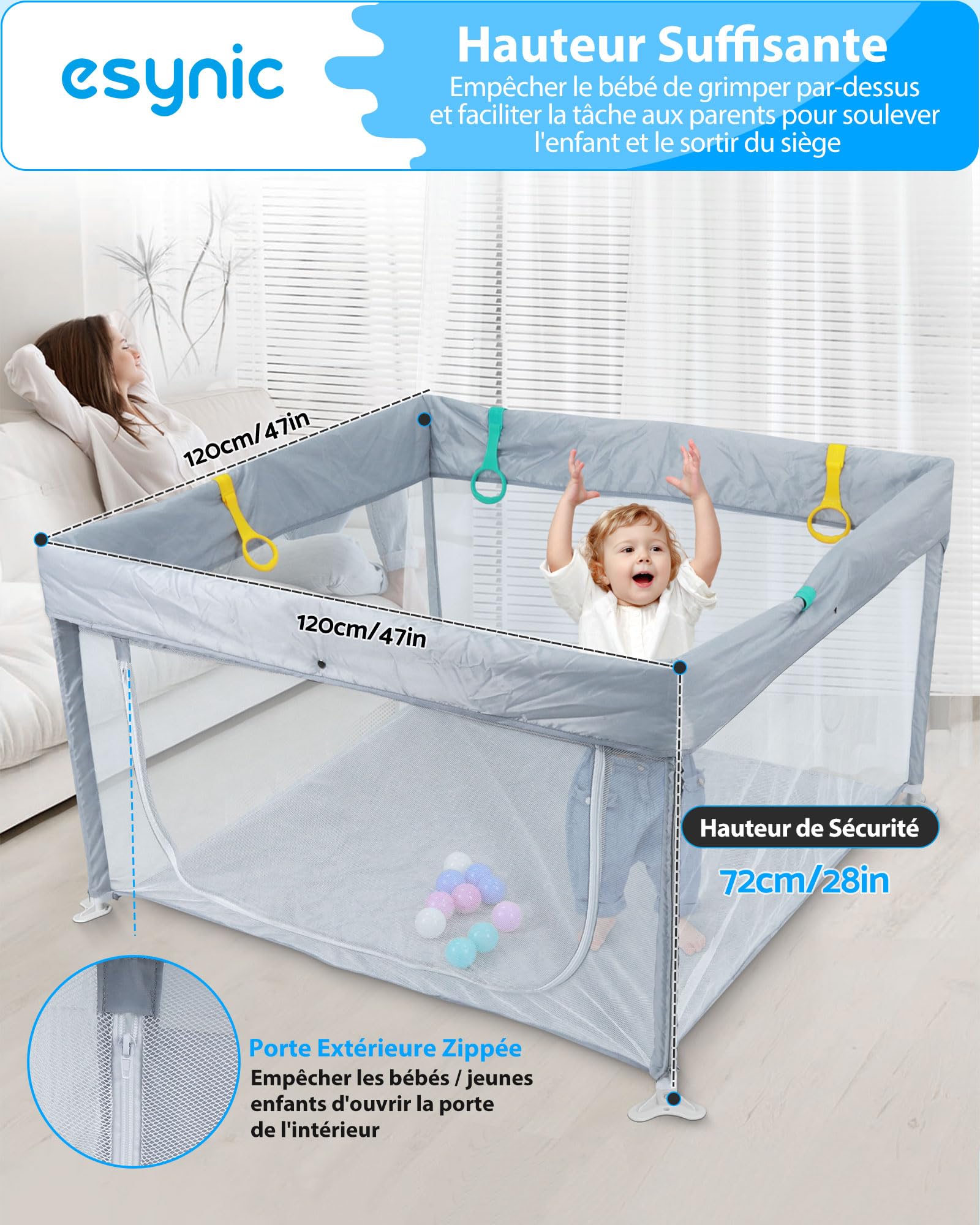 eSynic Parc Bébé 120x120cm avec 10 Boules et 4 Poignées Parc Bebe Pliable pas de Montage Enceinte Modulaire Pliable Porte avec Fermeture Éclair Éxtérieure avec Sac de Voyage Portable - Gris