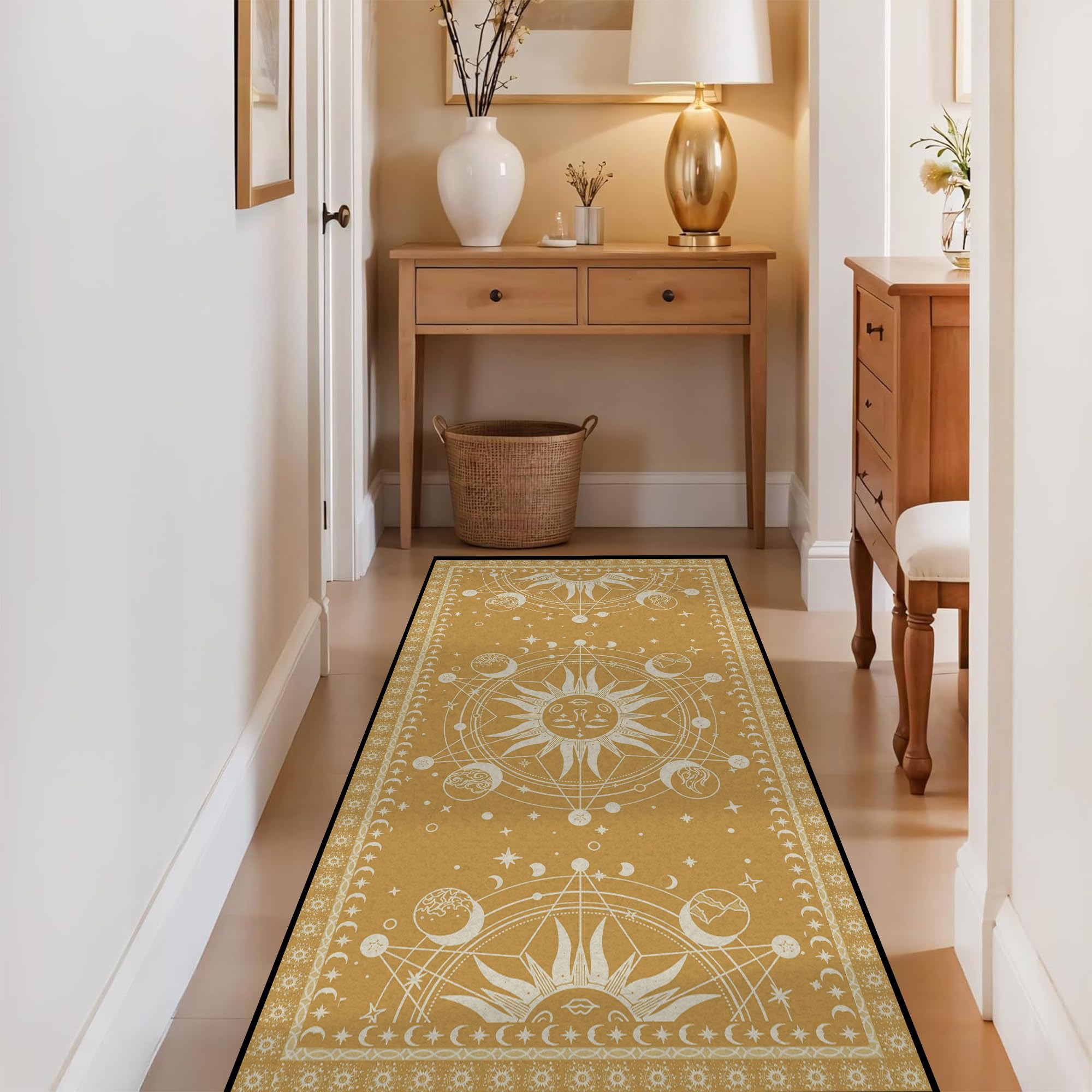 Tapis de soleil et de lune – Tapis céleste bohème pour chambre à coucher, dortoir, salon, motif croissant de croissant solaire, étoiles, galaxie, 200,7 x 99,1 cm, or aztèque