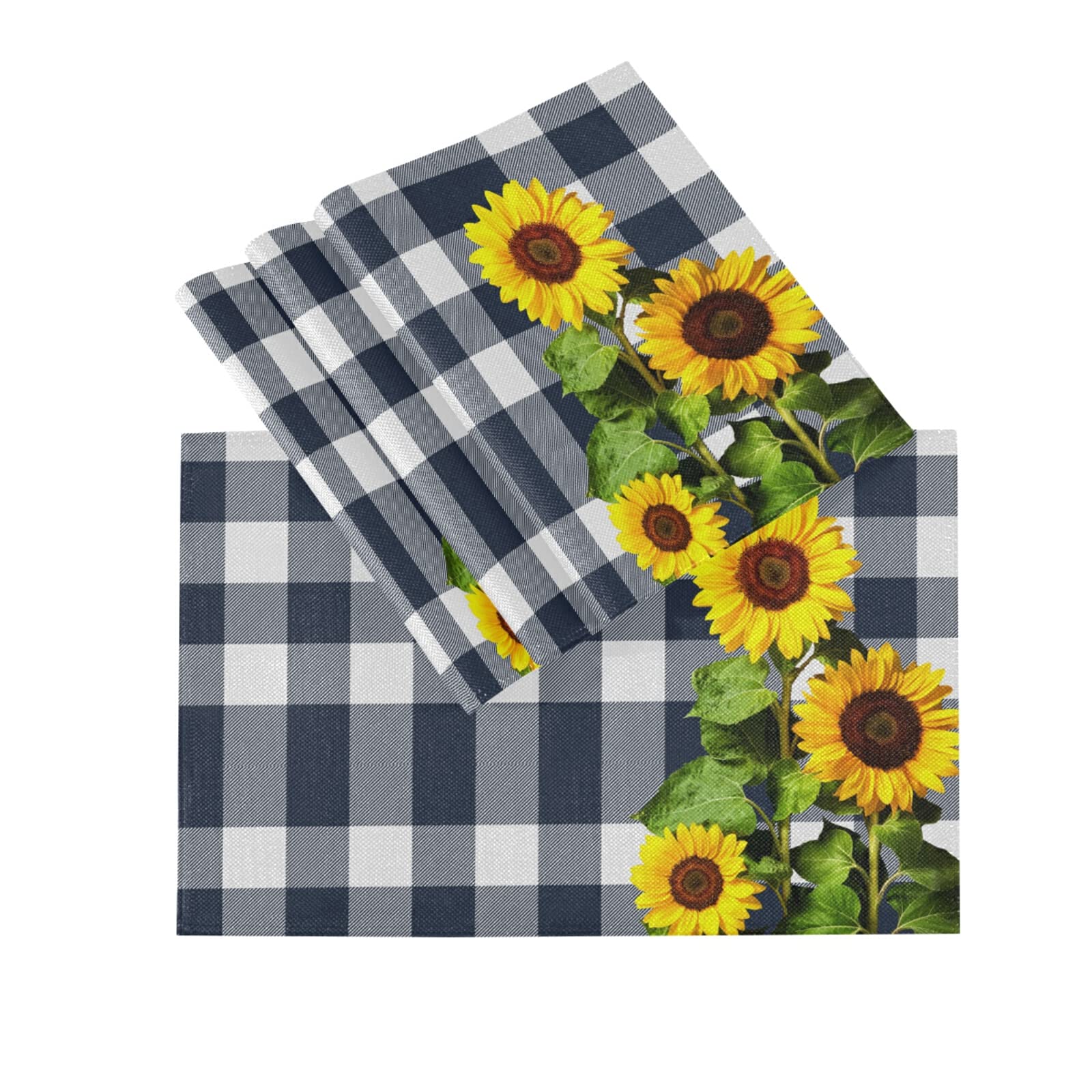 Sunflower Placemats Set of 4 Blue White Buffalo Plaid Placemat Non Slip Dining Table Mats Yellow Flower Checkered Place Mats for Kitchen 12" X 18"