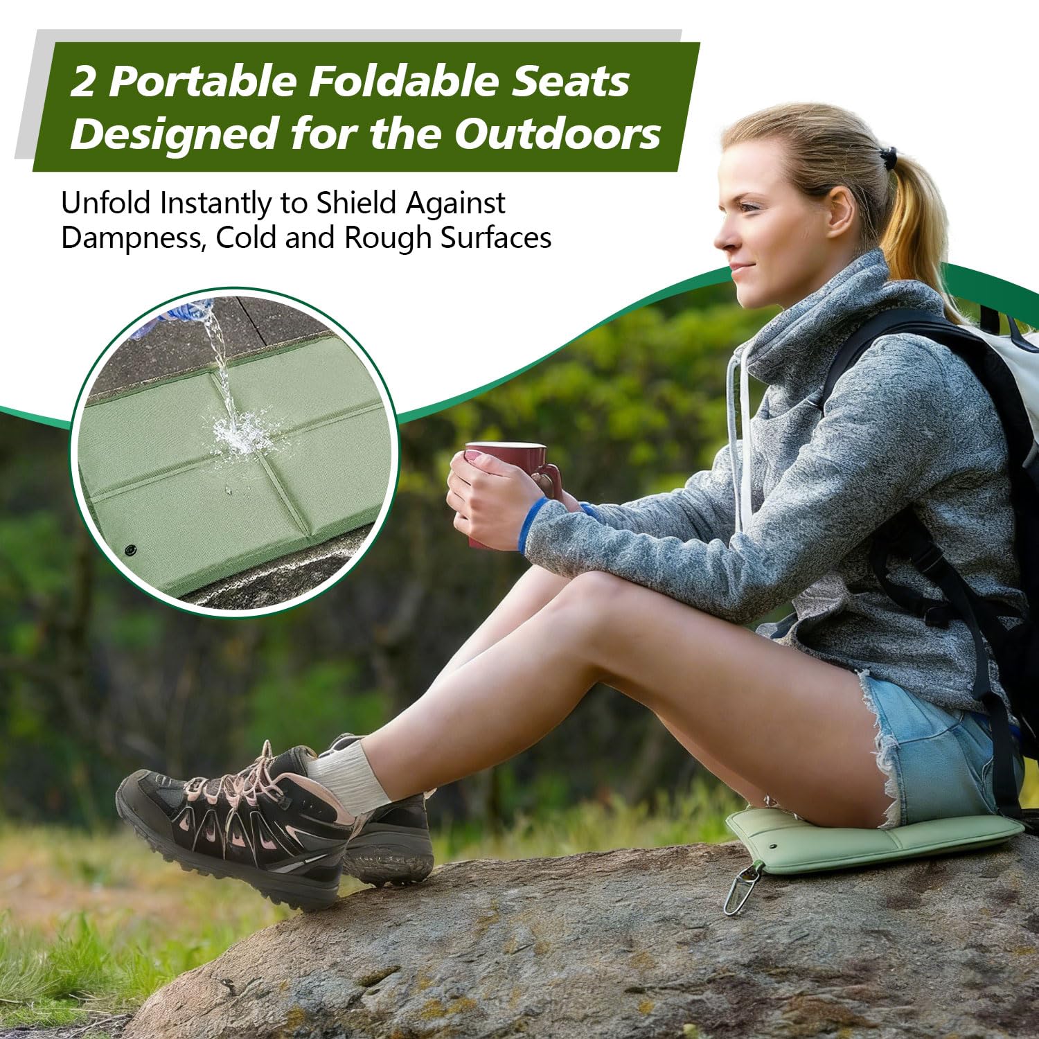 Set de 2 Esterilla Plegable para Exterior Tejido Oxford Reforzado Camping Portátil 88g con Mosquetón y Hebilla