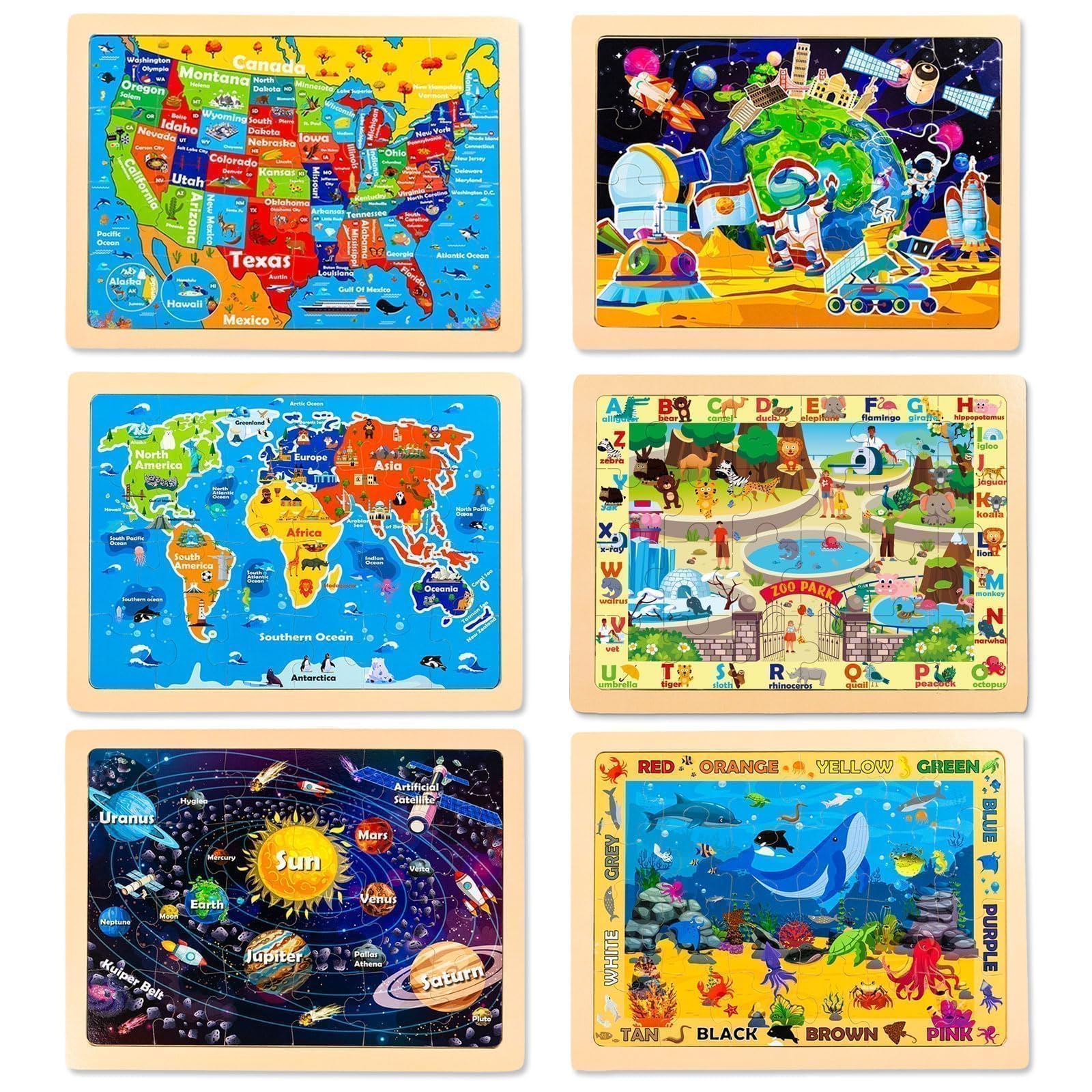 Holzpuzzle für Kinder von 2 bis 4 Jahren, 6 Packungen à 24 Stück, Sonnensystem, Weltkarte, Puzzles für Kleinkinder von 3 bis 5 Jahren, Lernspielzeug für Kinder im Vorschulalter