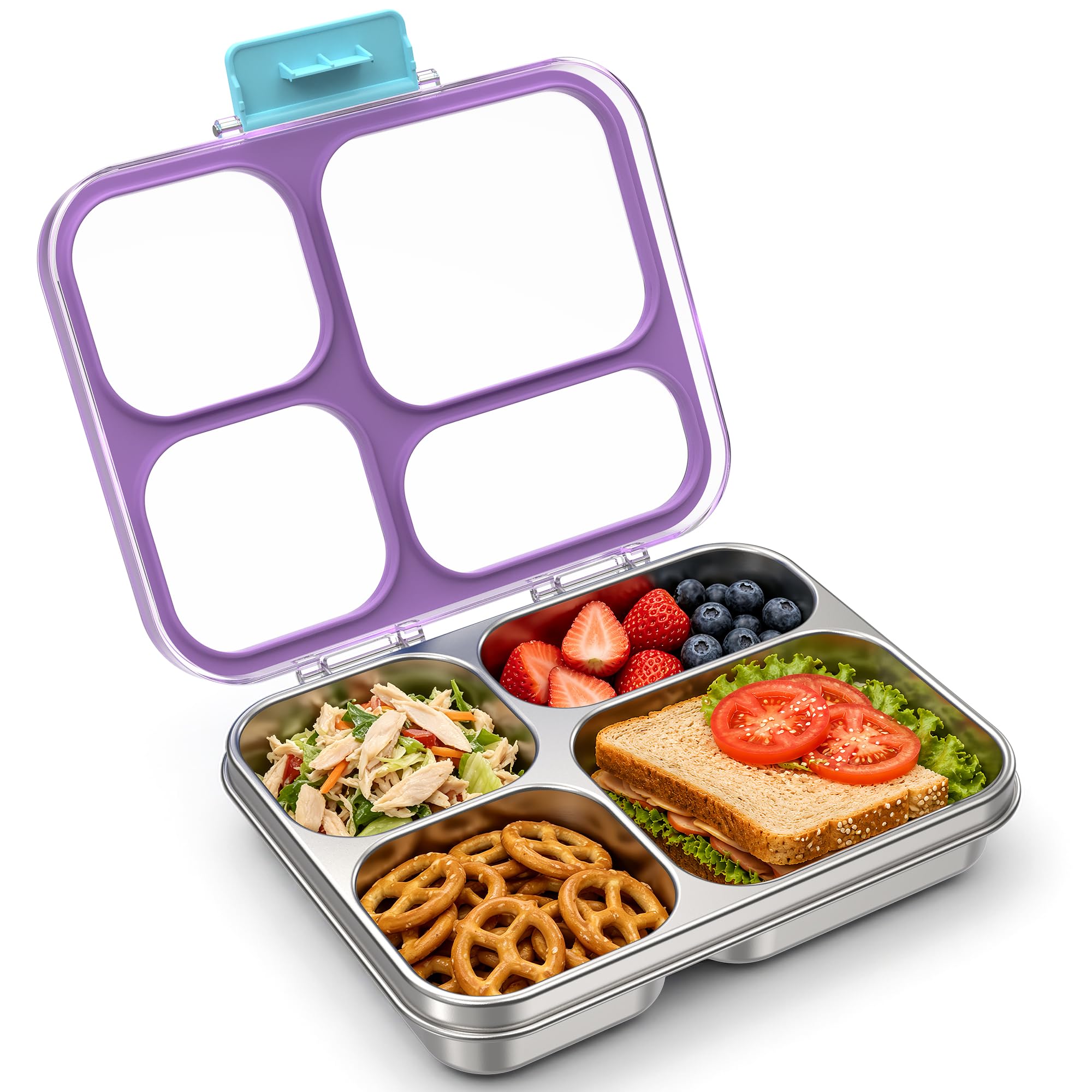 VITONIS Fiambrera de acero inoxidable con 3 compartimentos con tapa Tritan, 1000 ml, de metal, para niños, a prueba de fugas, fiambrera para el almuerzo, fiambrera para el pan, Azul