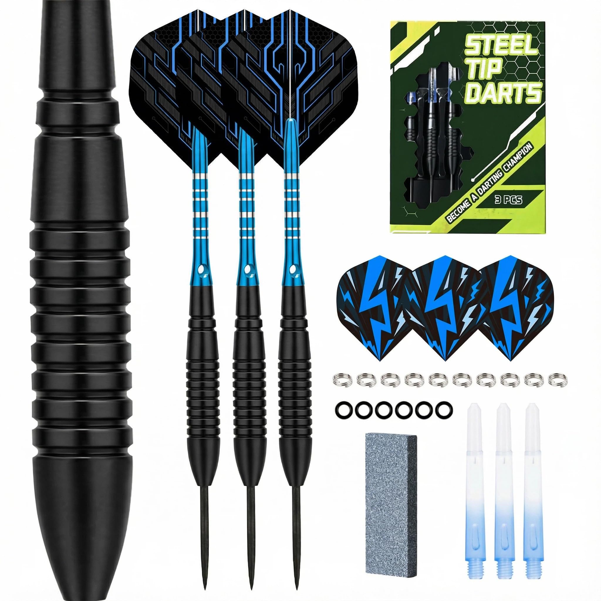 WayArrival Steeldarts Set 22g – Premium Nickel-Silber Barrels (Schlanker als Messing) – Profi Dartpfeile mit Metallspitze für Sisal-Dartscheibe – Inkl. Schleifstein, 6 Ersatz-Flights & Schäfte, Etui