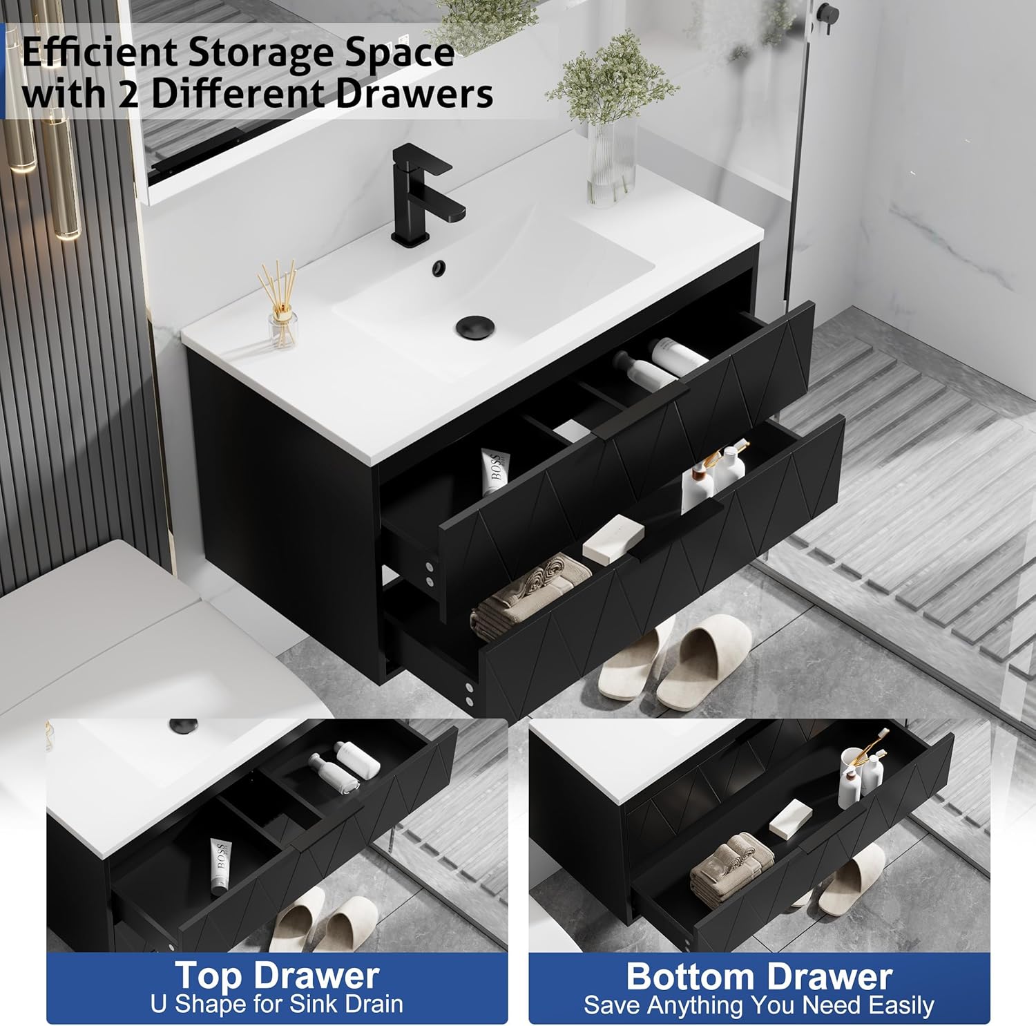eclife 36" Bathroom Vanities Cabinet with Sink Combo, Wall Mounted Floating Cabinet W/Decor Line, Soft-Close System, 2 Extra Big Drawers, Matte Black Faucet, Black
