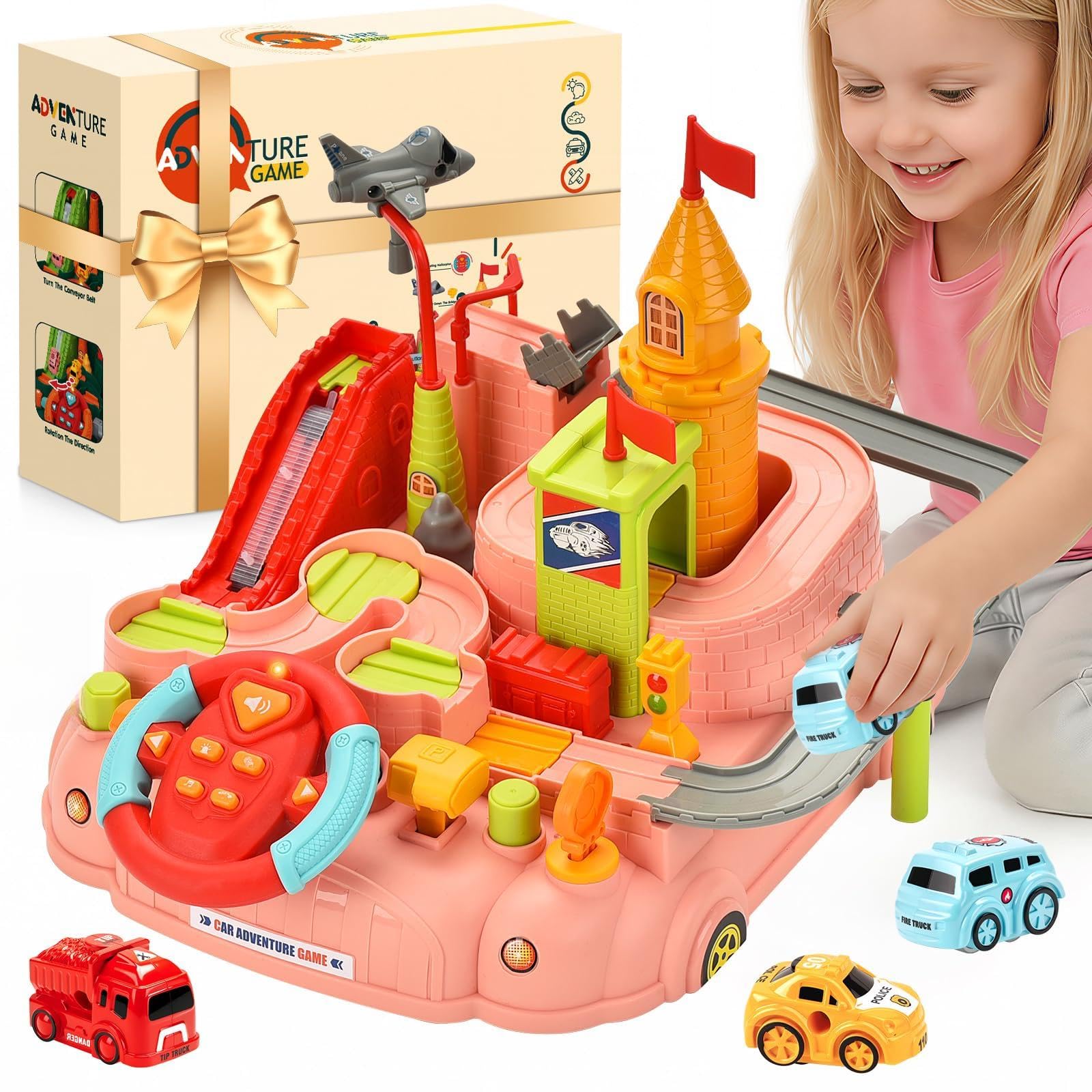Beria Race Track Car Toys for Kids 3-8 Year Old: Boys Car Toy Race Track Obstacle Course Set Educational Gifts for Boy Aged 3 4 5 6 7 8 Birthday Presents Car Adventure Game Speed Track for Toy Cars