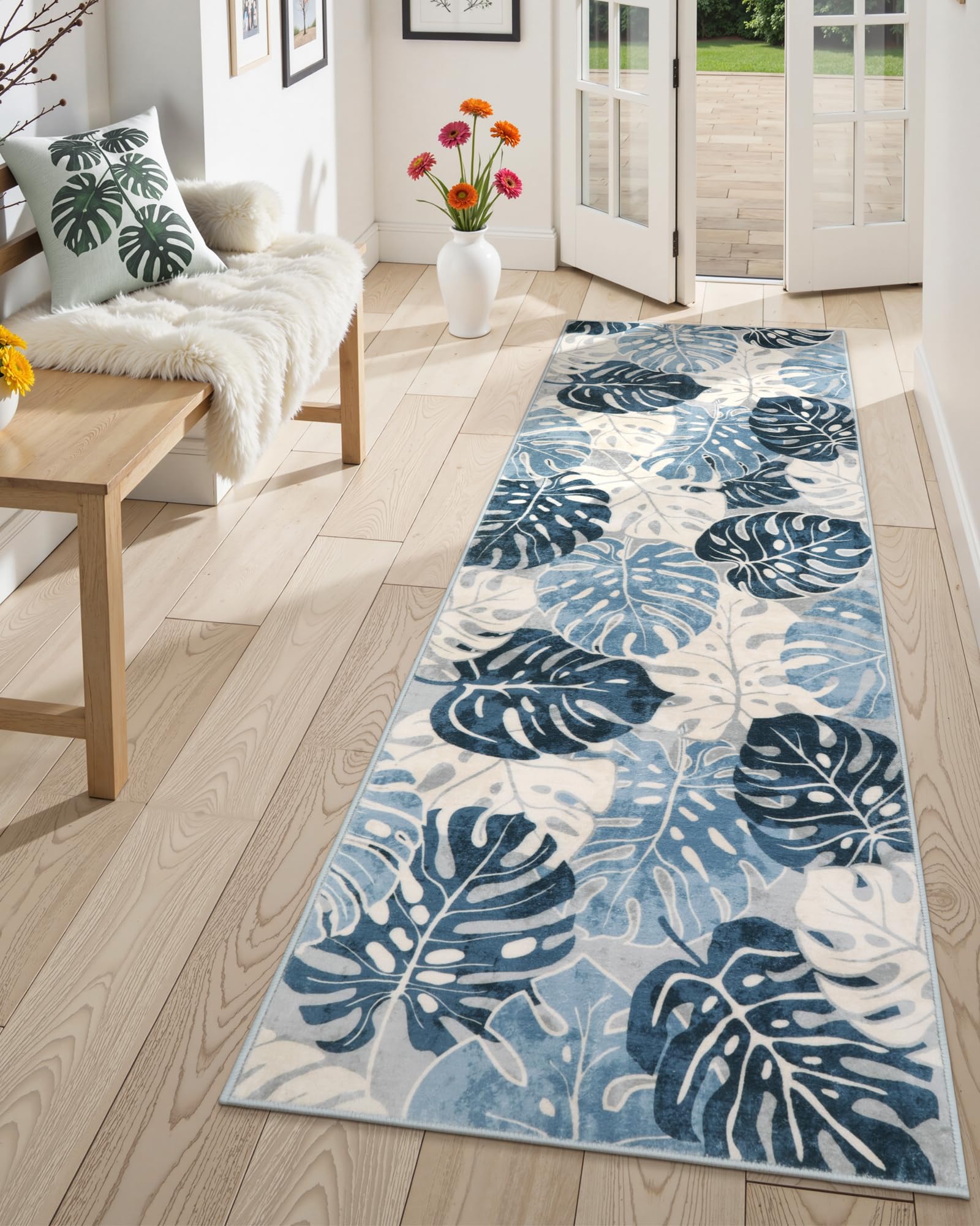 Wonnitar Monstera Leaf 2x6 Kitchen Rug Runner, Washable Blue Runner Rugs for Hallway, Non-Slip Tropical Plant Entryway Long Carpet Low Pile Accent Mat
