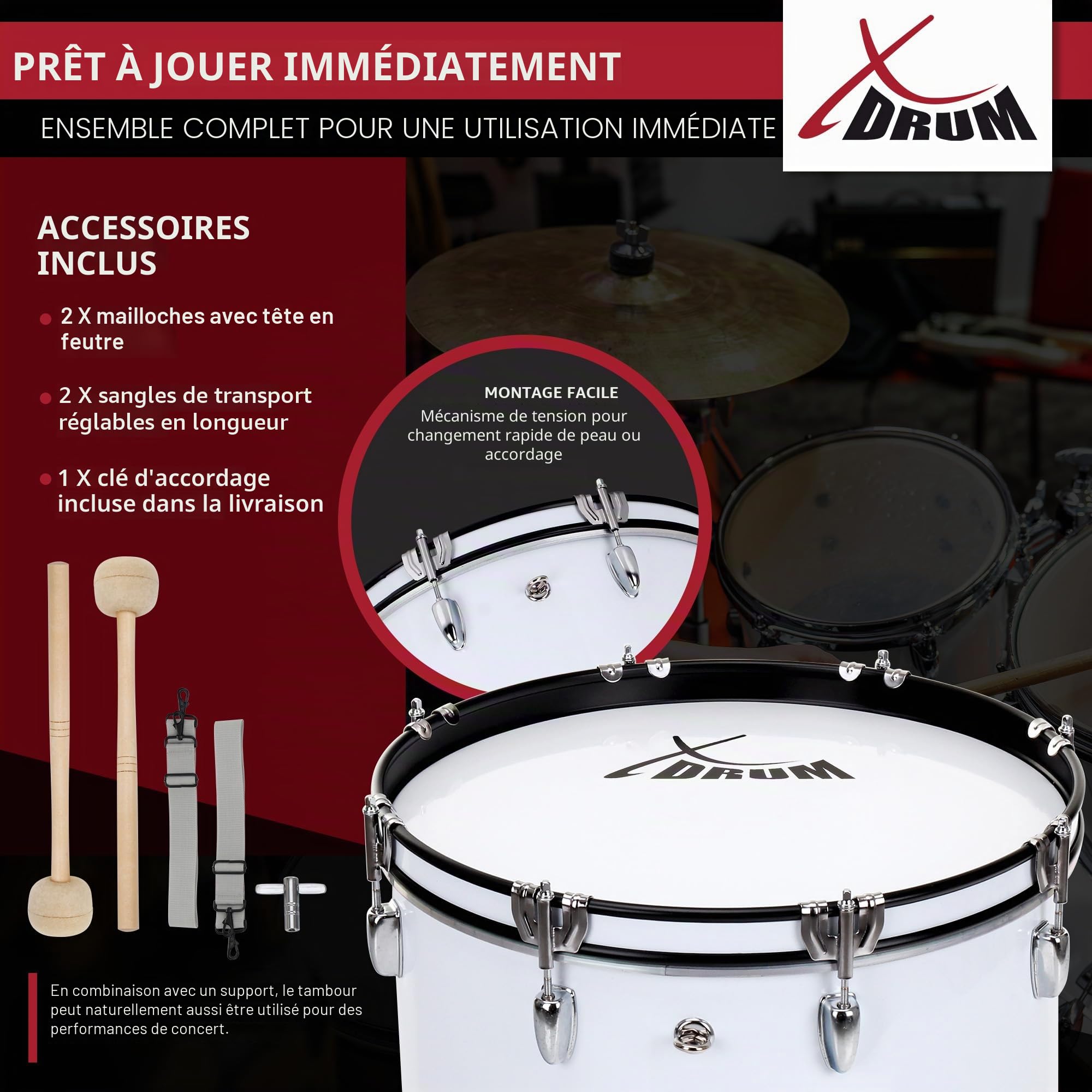 XDrum MBD-226 Grosse caisse de marche 26" x 12" — 10,5 kg, blanche. 4 œillets de fixation, 8 vis de tension par côté. Livrée avec maillets, sangles de transport et clé de tension