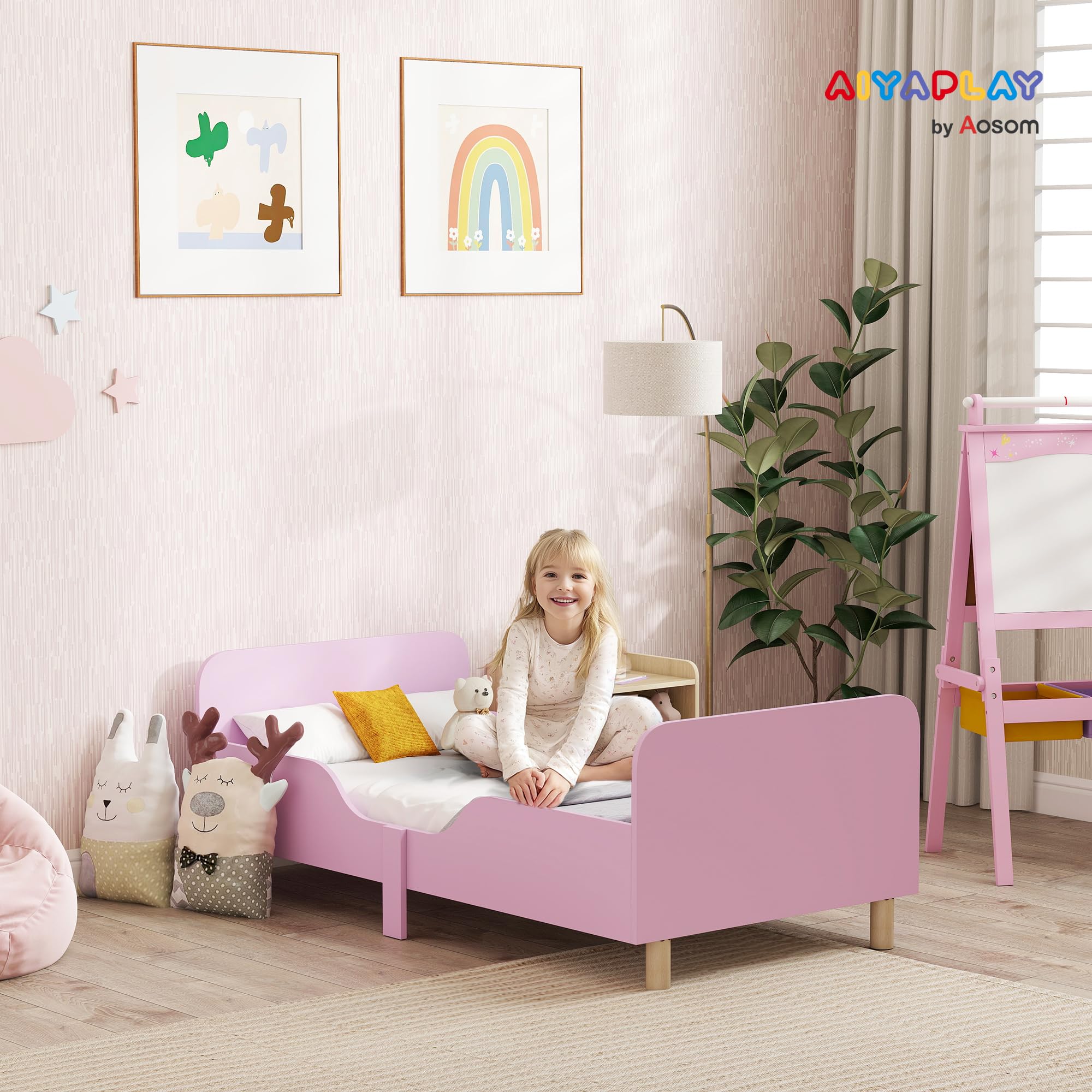 AIYAPLAY Kinderbett mit Rausfallschutz, Lattenrost, 140 x 70 cm Jugendbett mit Kopf- und Fußteil, Einzelbett aus Holz, Holzbett für Mädchen und Jungen, Rosa | mit Rausfallschutz