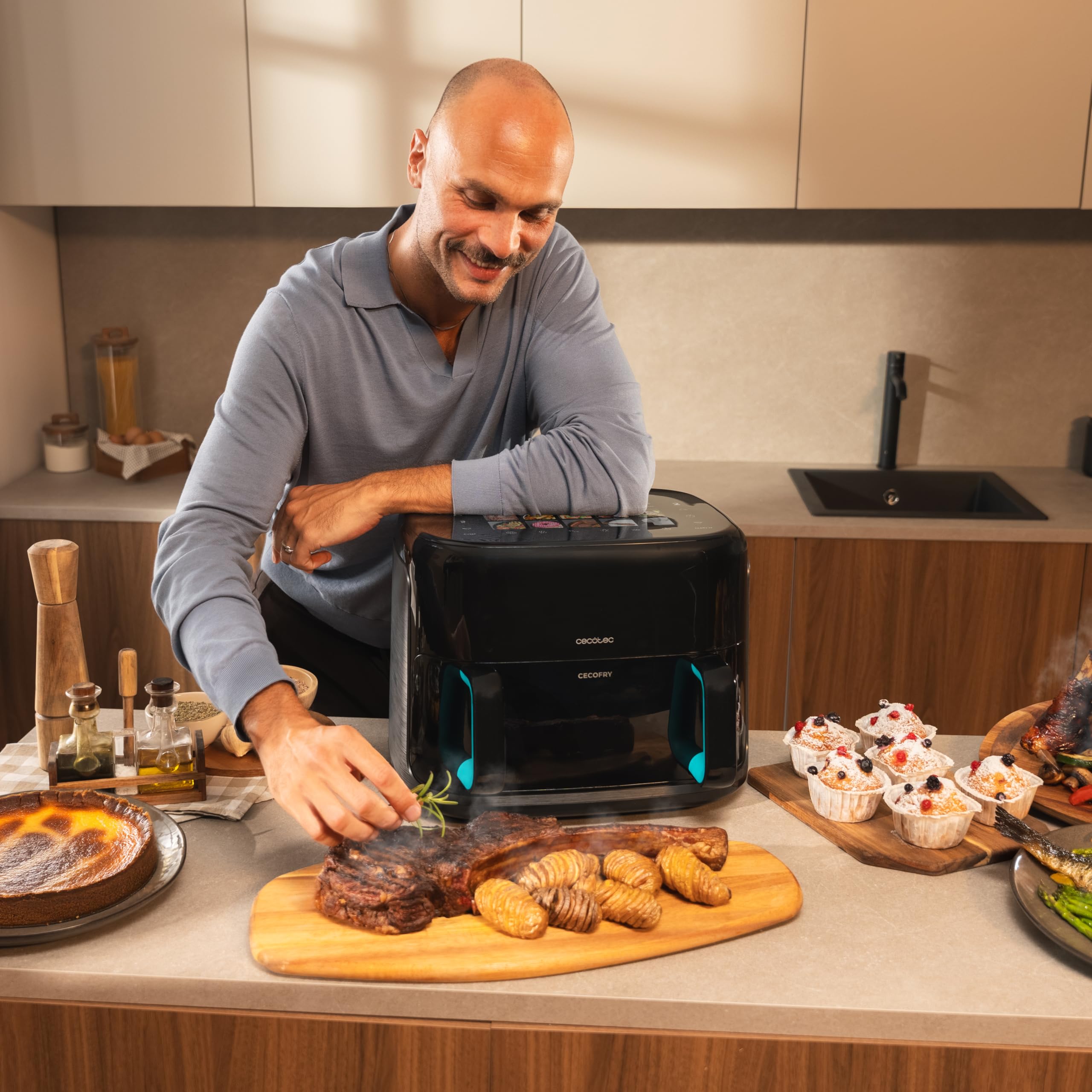 Cecotec Friggitrice ad Aria 10L - Air Fryer Cecofry&Grill Smokin'Prime 11000. 2800W, 3in1: Friggitrice, Grill, Piastra. Affumicatore integrato, Parete divisoria, Temp 40-200°C, Cottura uniforme