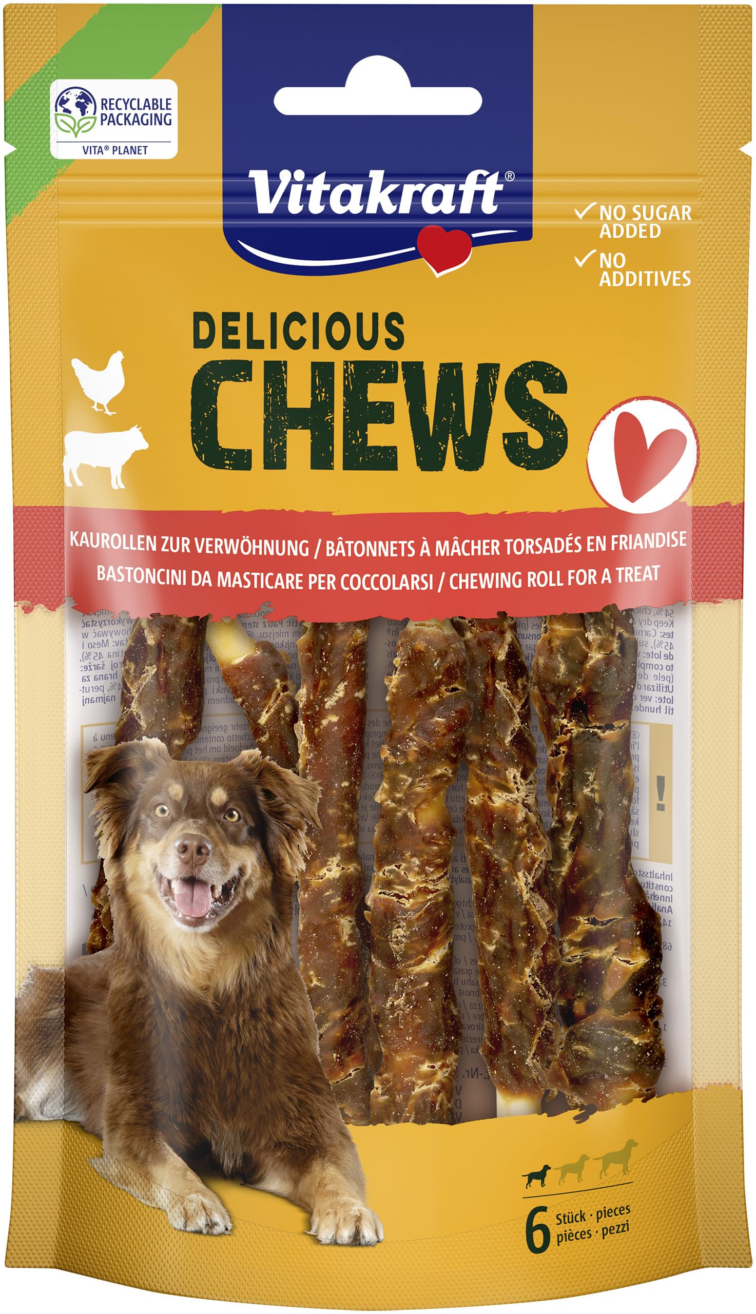 Vitakraft Chews - Friandises pour Chien - Rouleau à mâcher en Peau de bœuf séchée - Enrobé de Viande de Poulet Maigre - Faible en Gras - pour Petits Chiens (1 x 6 pièces)