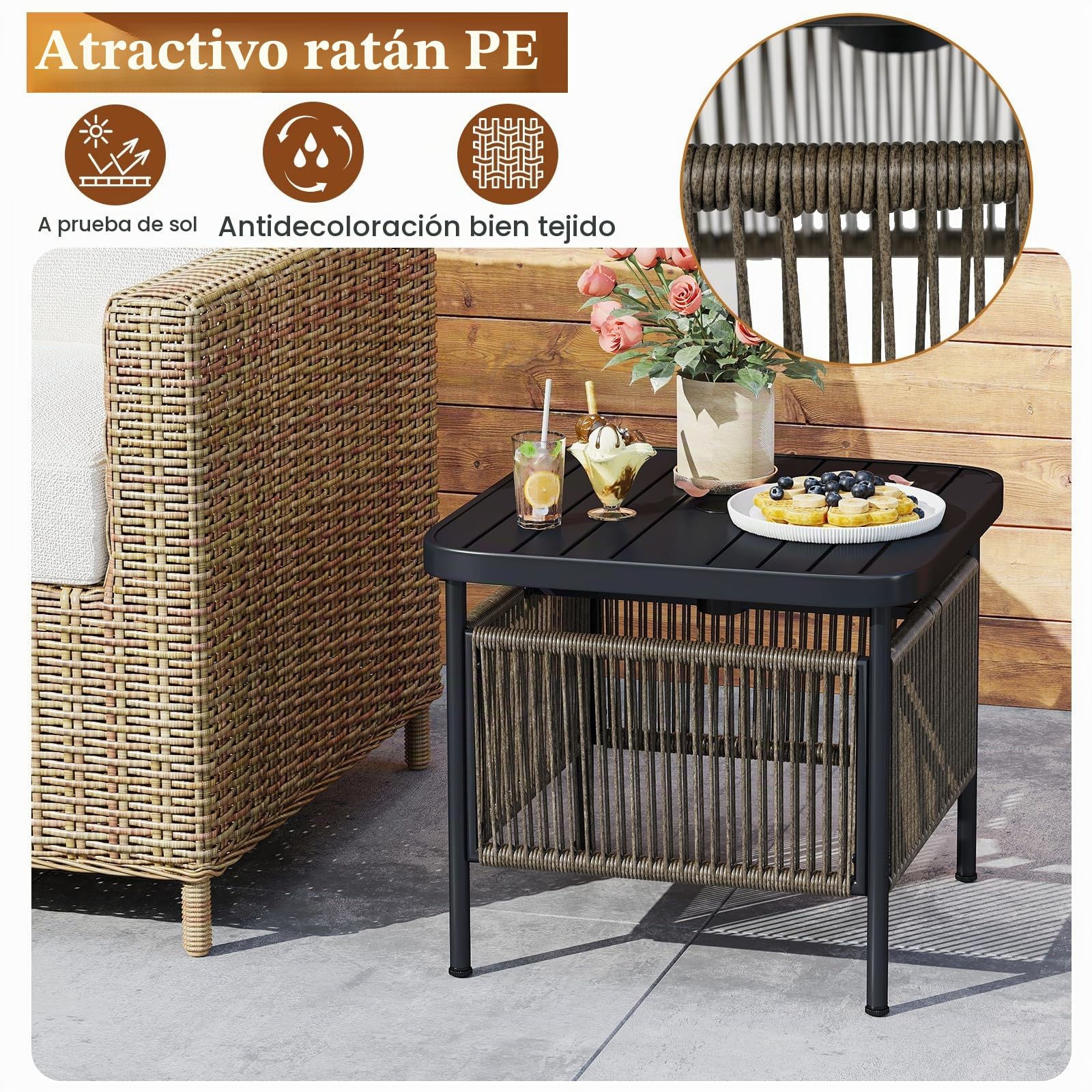 LIFEZEAL Mesa de Jardín, Mesa de Balcón Pequeña, Exterior, con Orificio para Sombrilla, 56 x 56 x 49 cm, de Ratán PE, Metal, con Tablero de Barras, Patas Ajustables, máx. 50 kg, Moderna, Ahorra