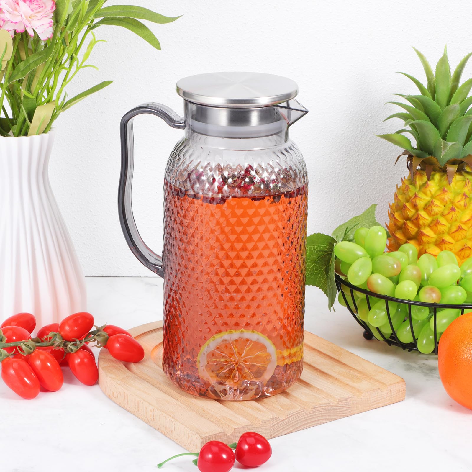 HANABASS 2 Piezas Jarra de Plástico con Tapa de 1.8l para Nevera, Resistente y Fácil de Limpiar, Adecuado para Jugos, Agua y Té Helado en Casa o Eventos