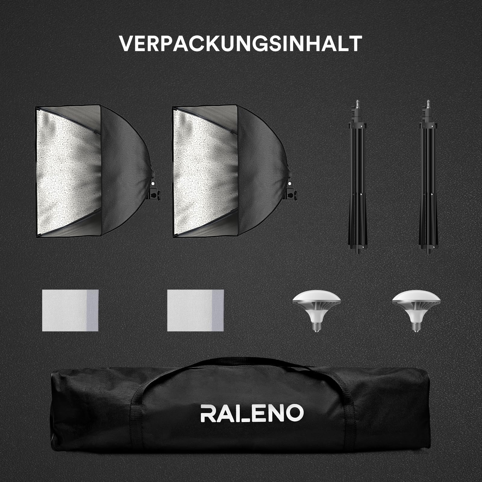 RALENO Softboxen, 2 x 50 W LED Softbox Fotostudio Set, 2 x 50 x 50 cm Fotolicht mit 5500 K Glühbirne und Stativ für Porträtfotografie, Game-Streaming, YouTube-Videofotografie