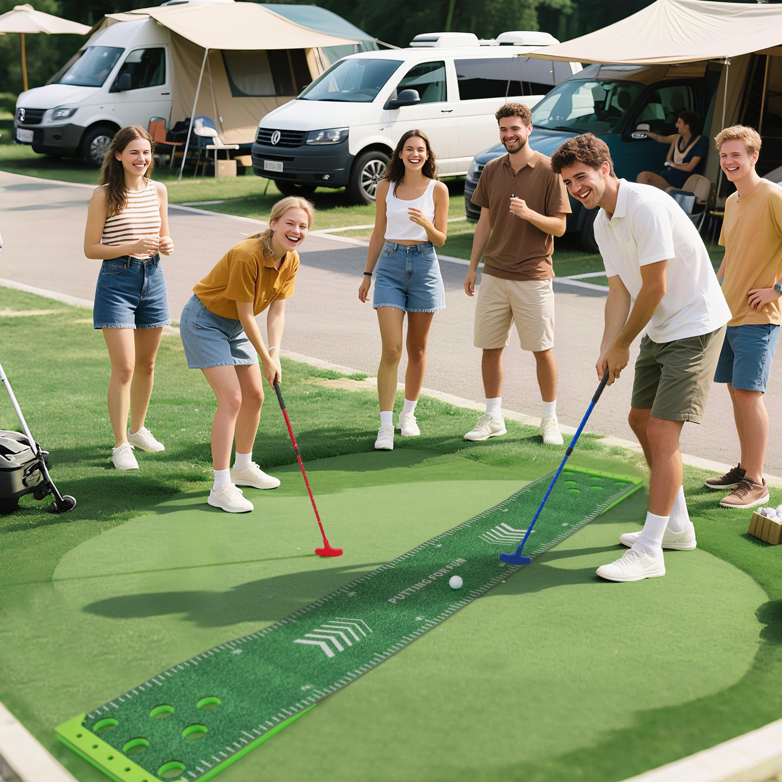 GOPLUS Tapis de Putting 332 x 50 CM Pliable et Portable avec 2 Putters Ajustables, 6 Balles et 12 Trous, Golf Putting pour Entraînement Golf, Intérieur et Extérieur, pour Maison, Bureau, Piscine