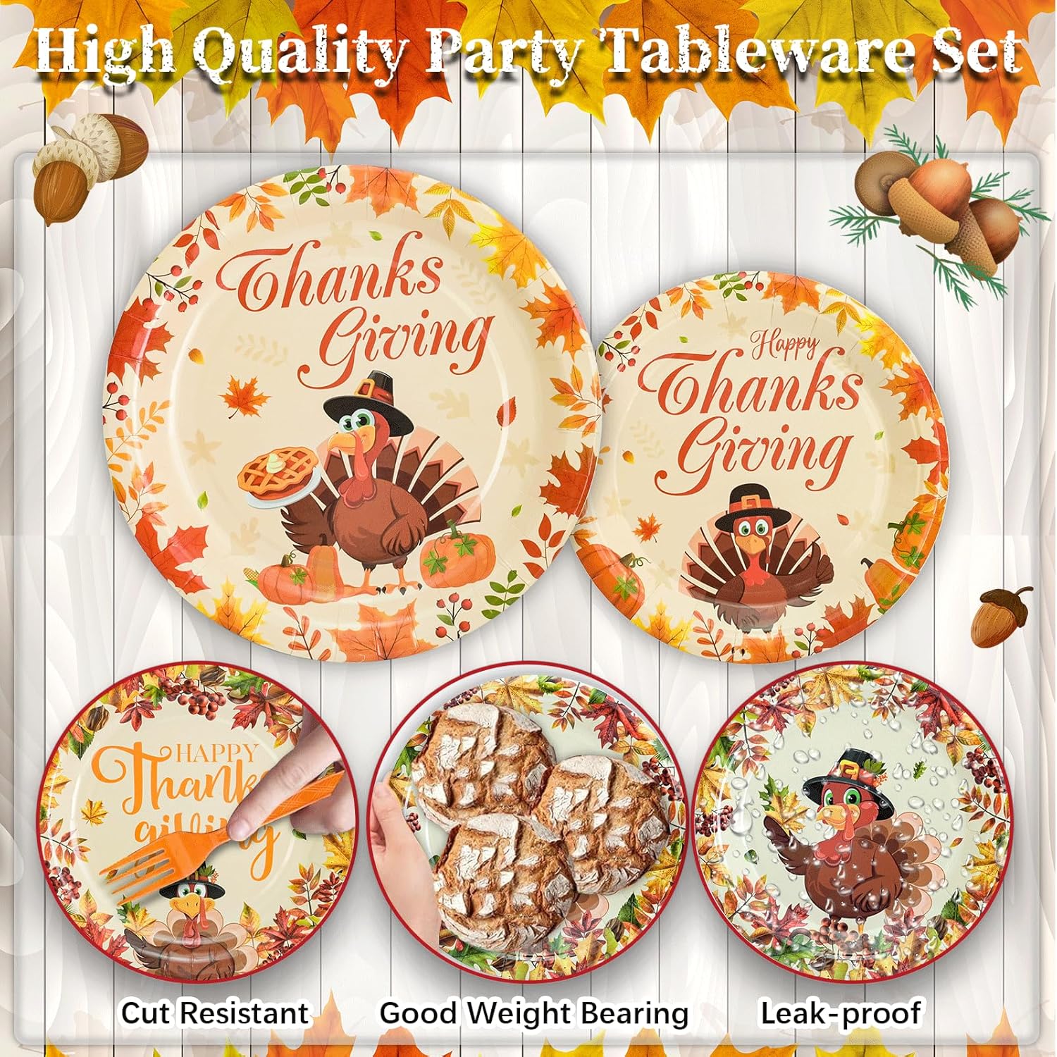 154Pcs Thanksgiving Turkey Party Supplies Serve 24, Autumn Themed Disposable Dinnerware Set,Includes Plates, Napkins, Cups,Forks,Swirls,balloons,Tablecloth & Banner,for Thanksgiving Party Decoration