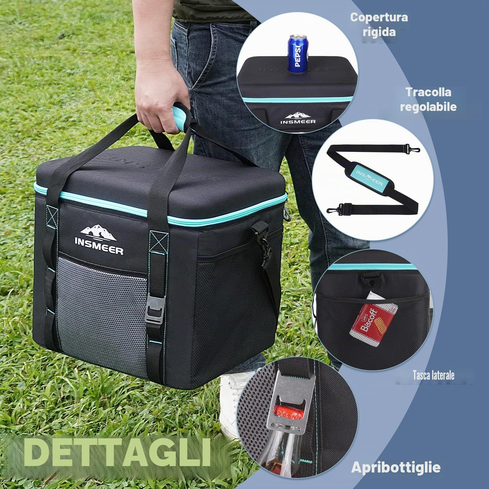 INSMEER Grande borsa frigo da 40 l, 60 lattine, pieghevole, con coperchio rigido in EVA per bevande, borsa termica per bevande, borsa termica per 4 persone, campeggio, spiaggia, viaggi
