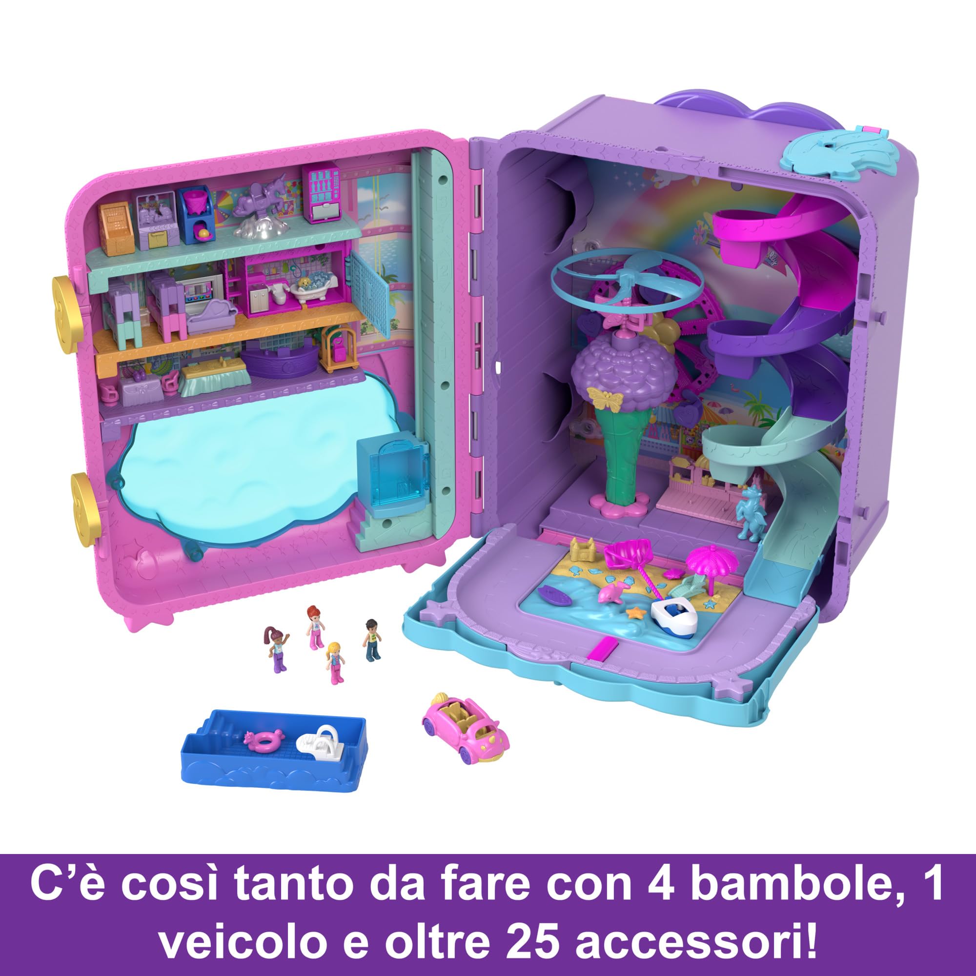 Polly Pocket Pollyville - Trolley Resort Vacanze, playset apribile con 3 località diverse, include 4 bambole, 1 veicolo e 25 accessori, giocattolo per bambini, 4+ anni, HKV43