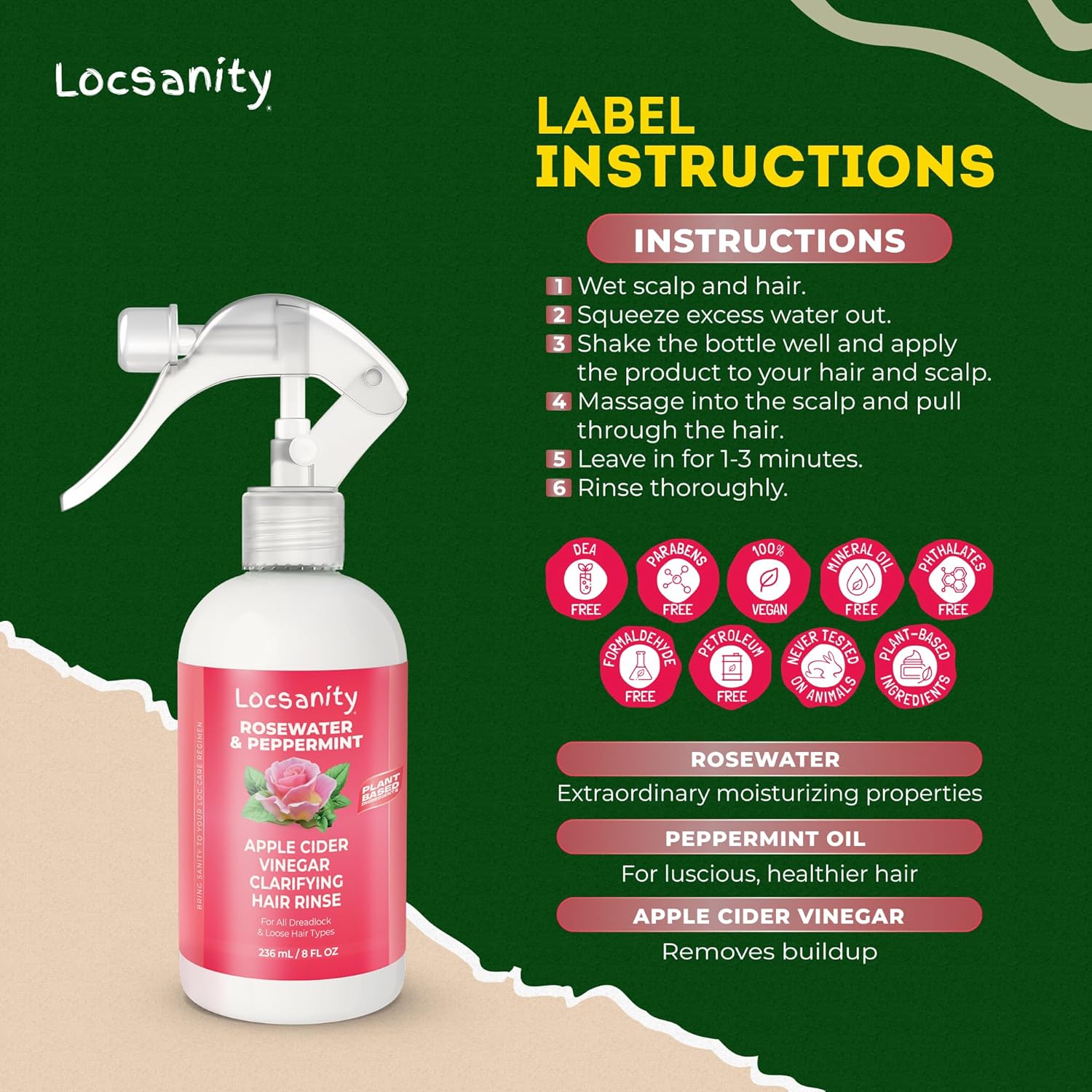 Locsanity Rosewater Peppermint Apple Cider Vinegar Clarifying Hair Rinse 8oz