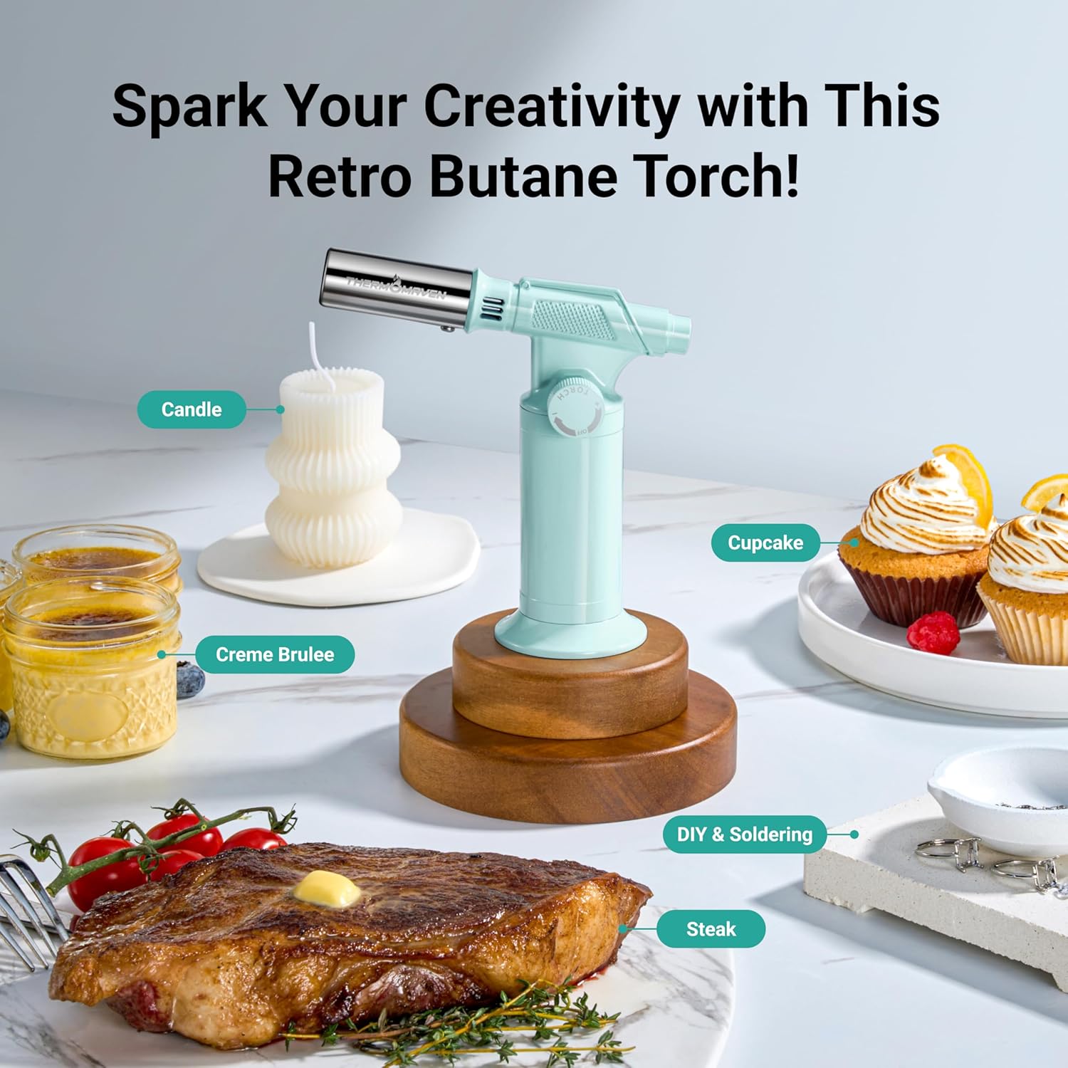 Retro Butane Torch, Kitchen Torch Lighter, Refillable Cooking Blow Torch, Fit All Butane Tanks with Adjustable Flame for Culinary, Brulee, Baking, Soldering, DIY (Fuel Not Included)-Aqua
